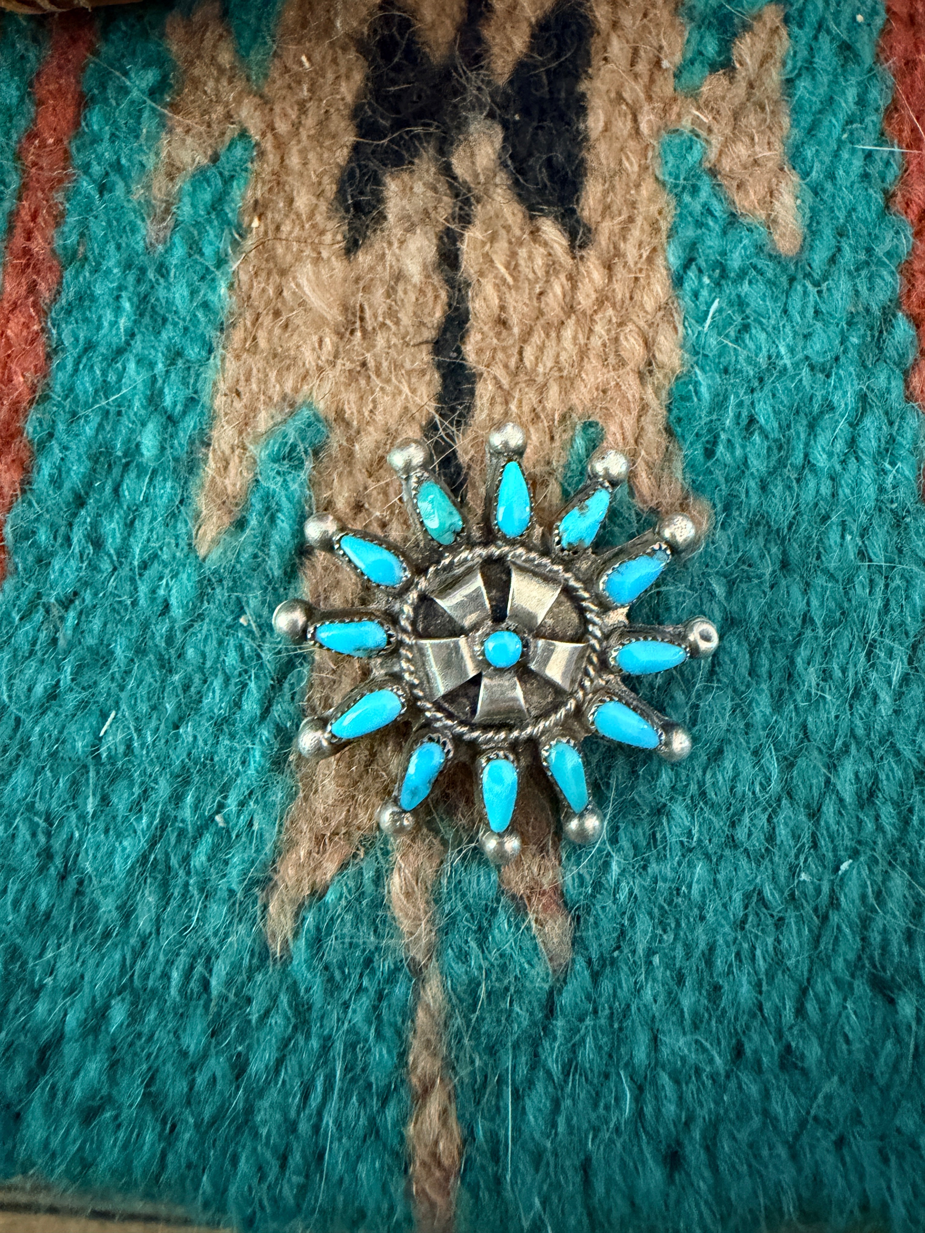 Old Pawn Handcrafted Turquoise and Sterling Silver Cluster Brooch