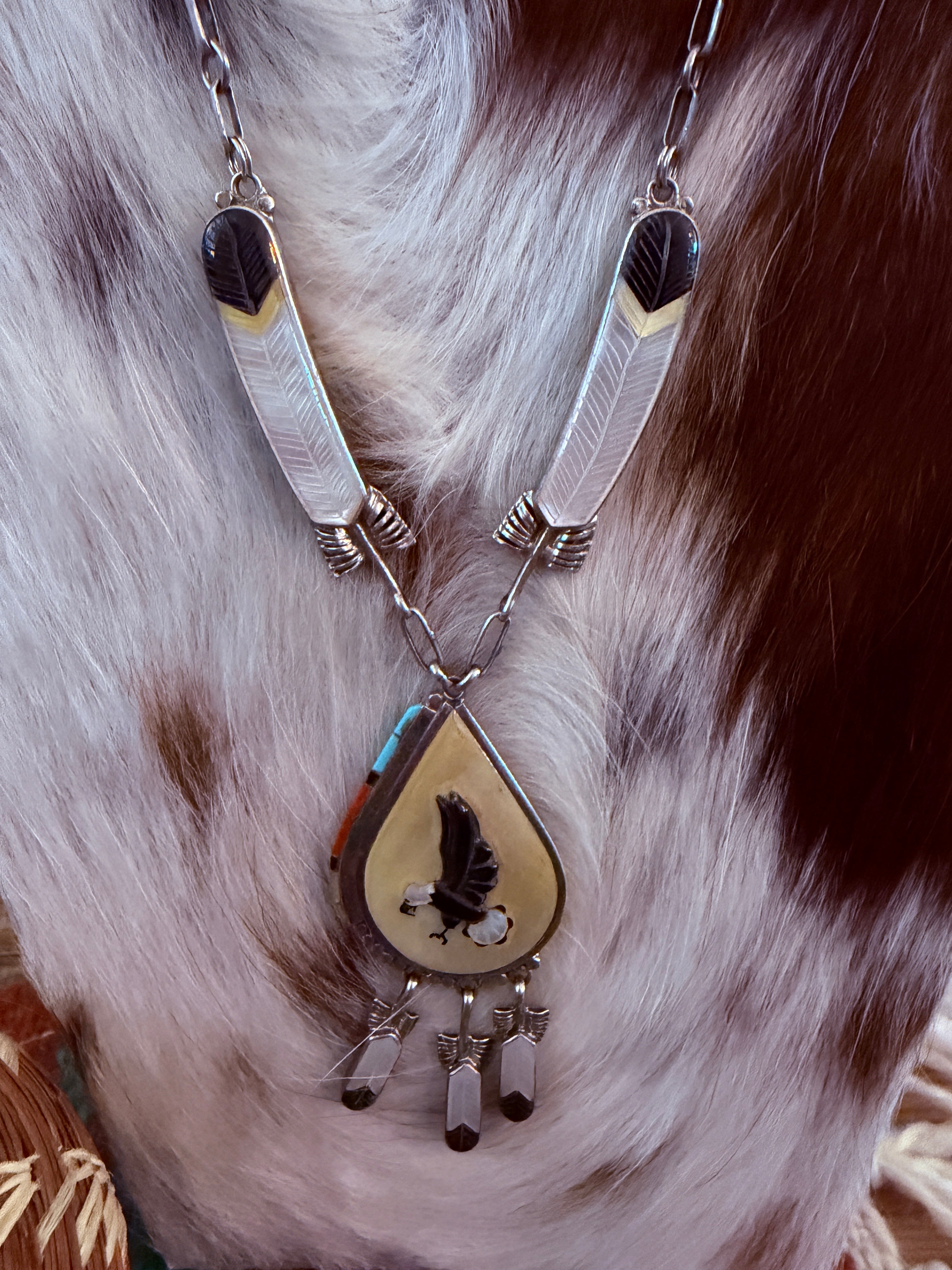 Old Pawn Handcrafted Sterling Silver and Multi Stone Bald Eagle Inlay Necklace by Don C. Dewa