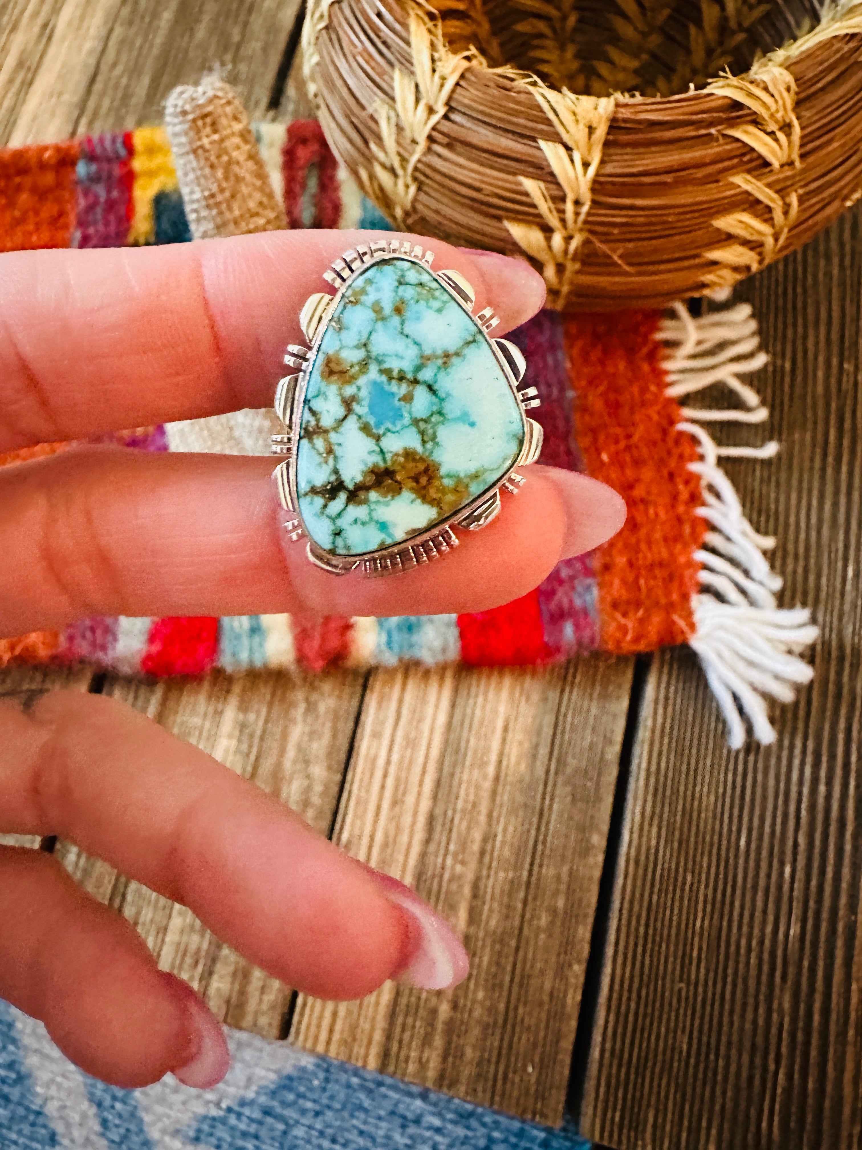 Handcrafted Sonoran Mountain Turquoise & Sterling Silver Ring size 8