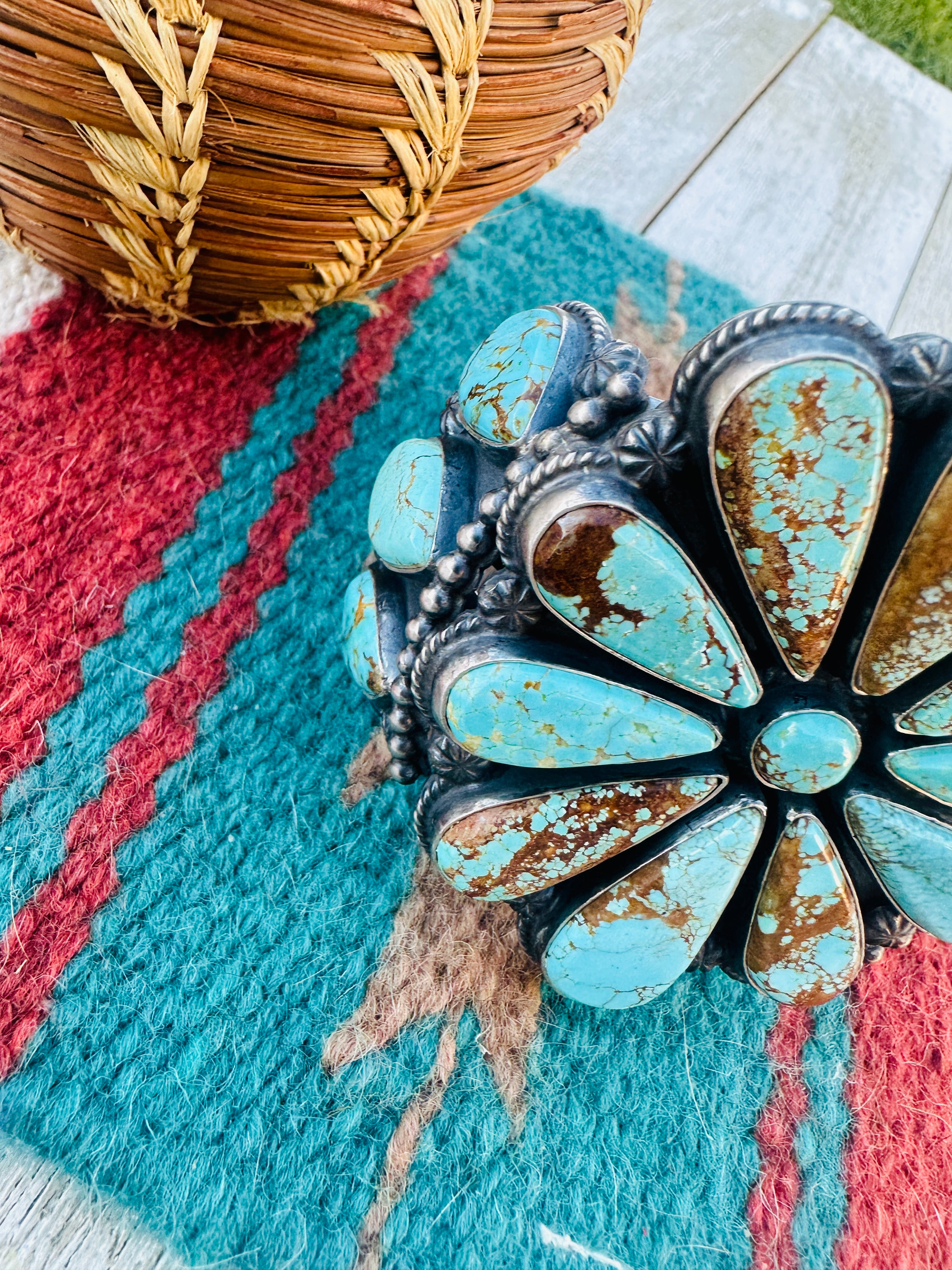 Handcrafted Old Pawn Sterling Silver & Turquoise Cluster Cuff Bracelet by Anthony Skeets