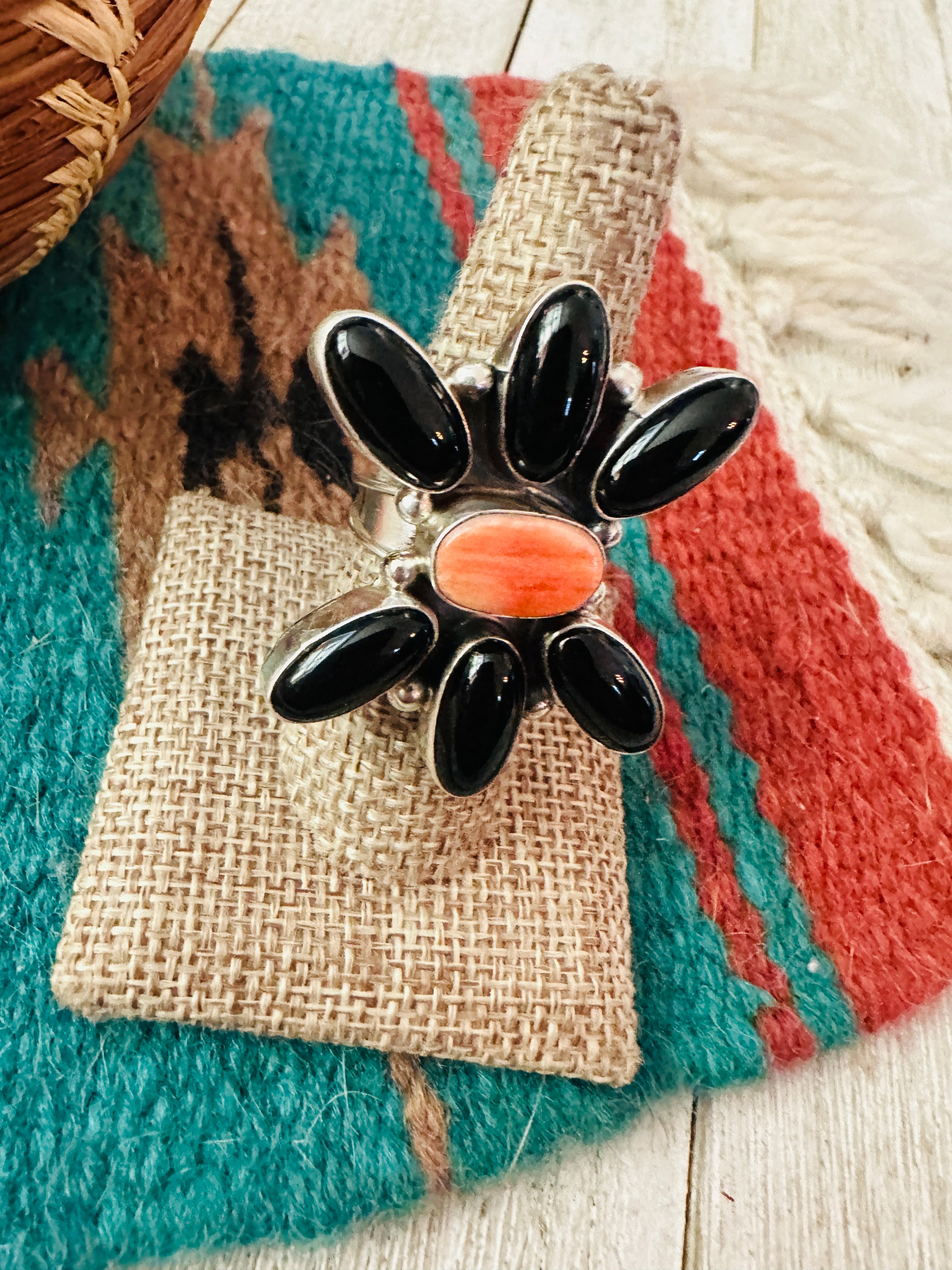 Handcrafted Onyx, Spiny Oyster & Sterling Silver Adjustable Ring by Jacqueline Silver