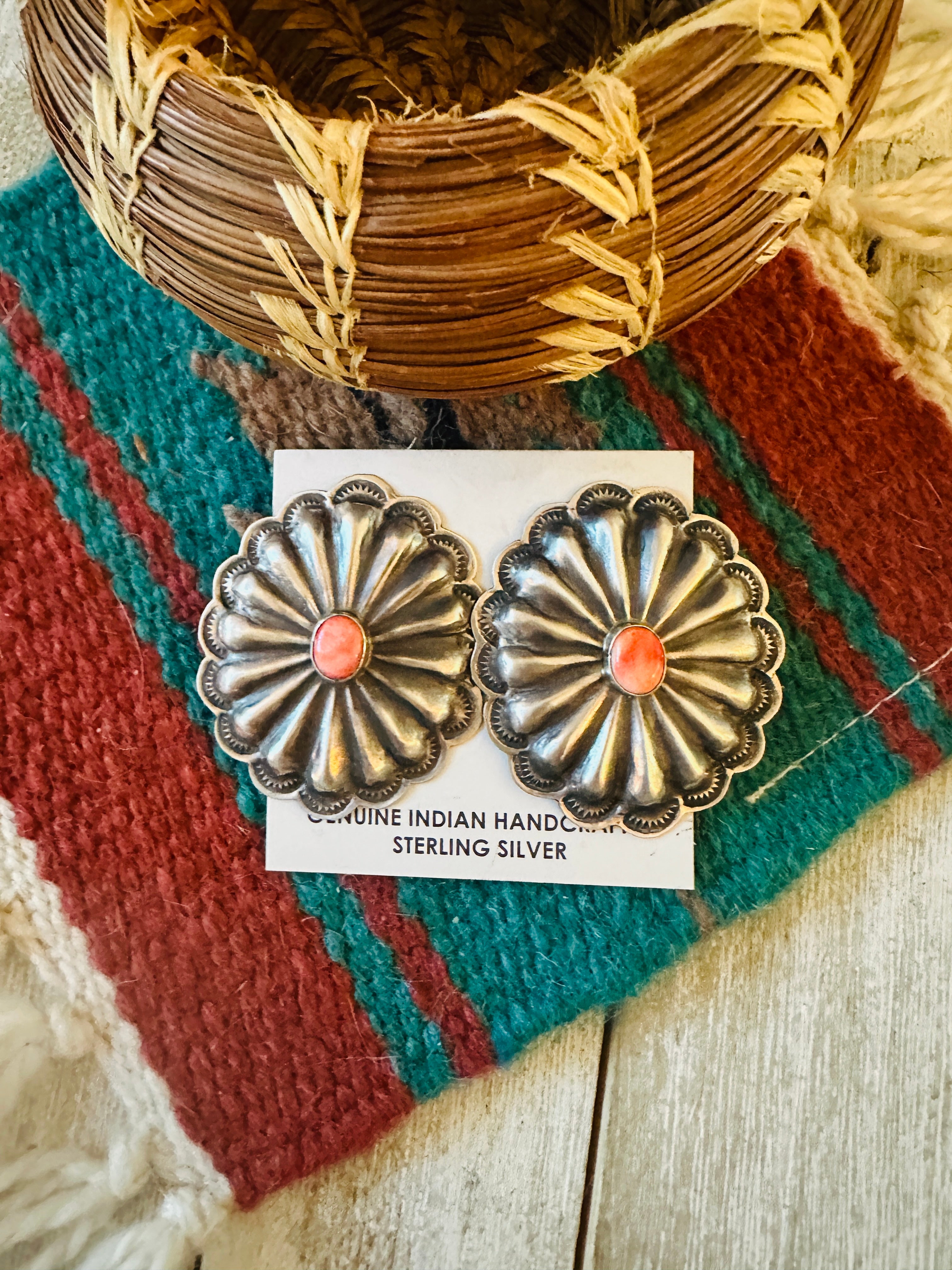 Handcrafted Orange Spiny & Sterling Silver Concho Post Earrings
