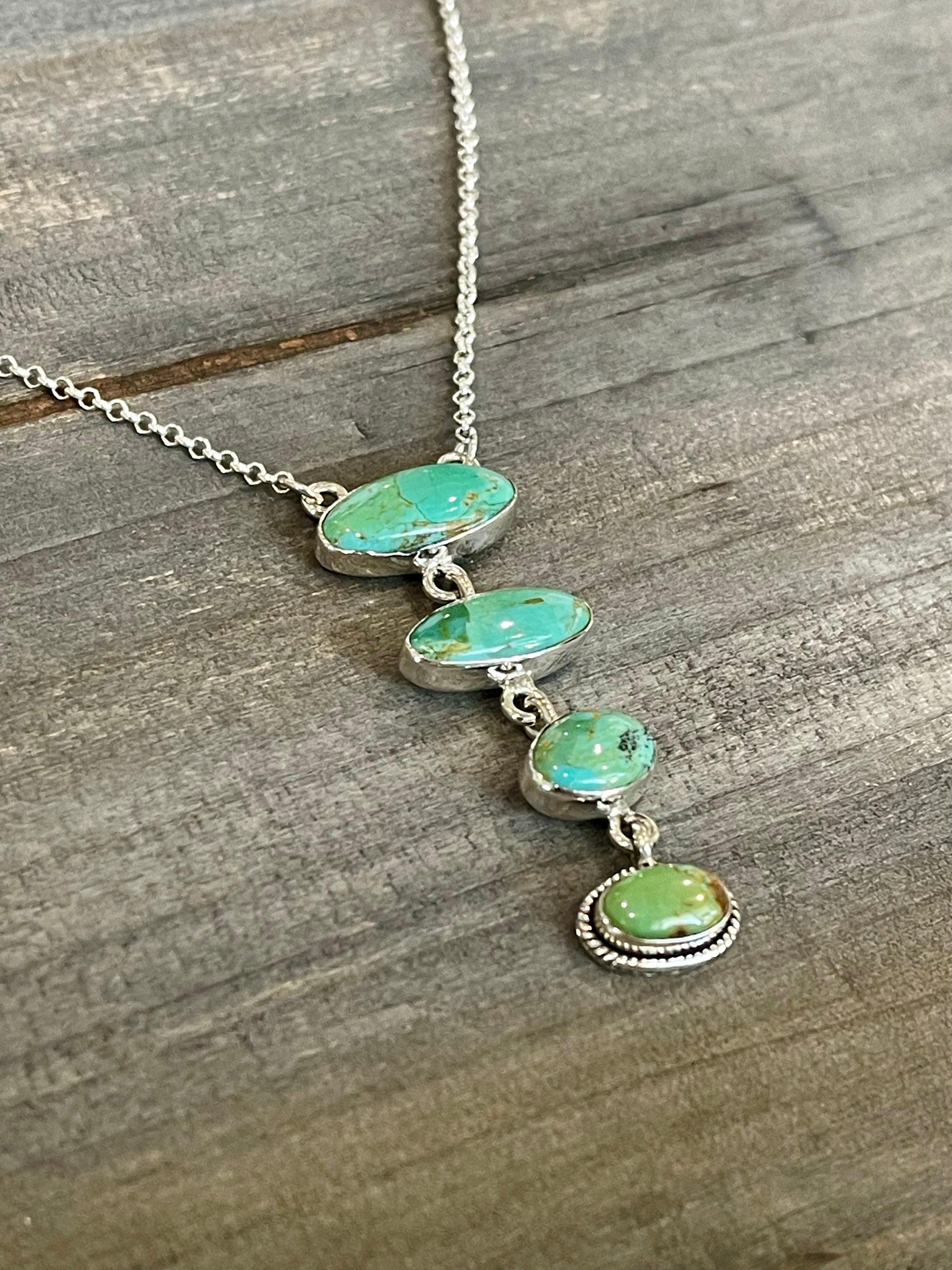 Handmade Sterling Silver & Royston Turquoise 4 Stone Drop Necklace Signed Nizhoni