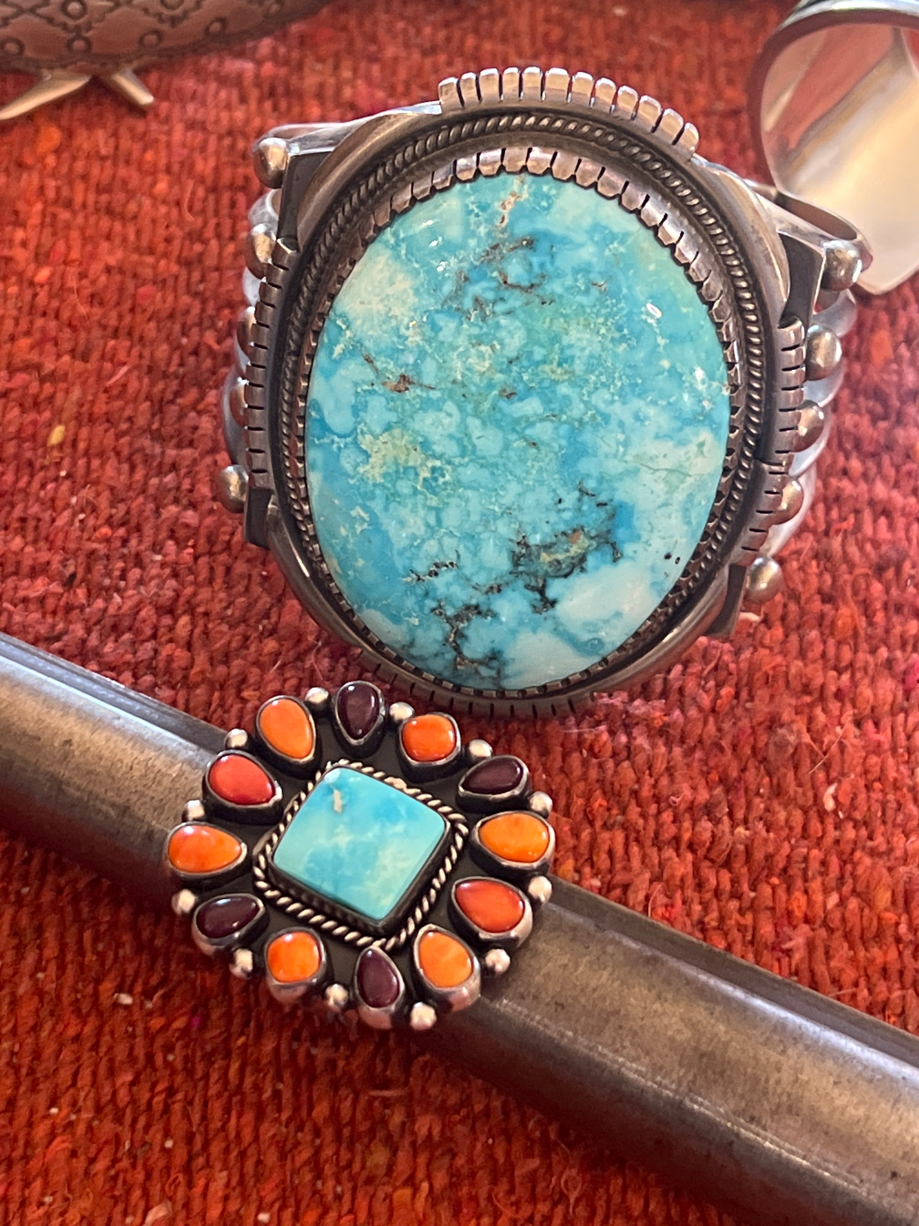 Navajo Electric Rainbow Turquoise and Spiny Oyster Ring by Angela Martin and Bernyse Chavez, Size 9