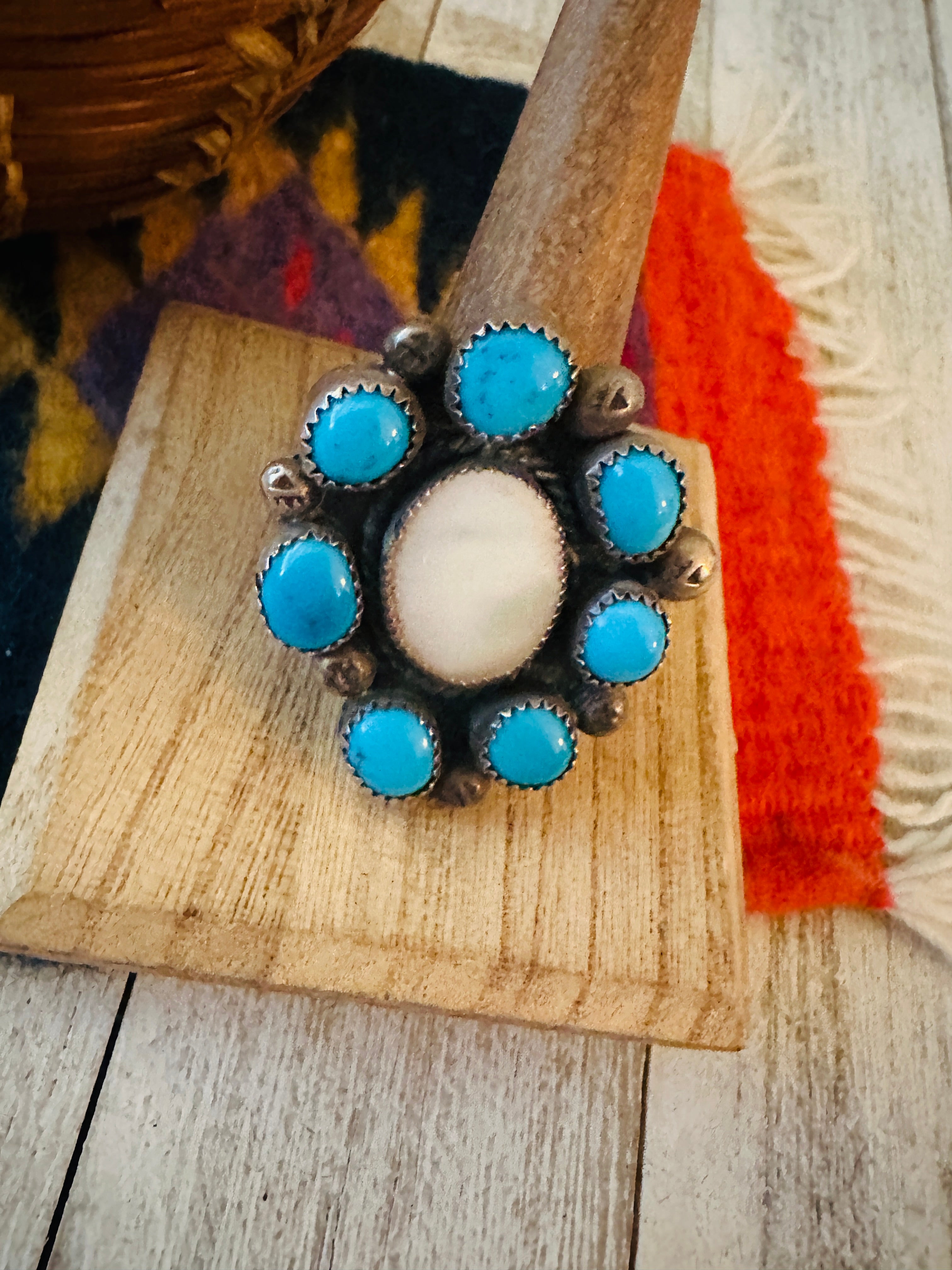 Handcrafted Sterling Silver, Turquoise & Mother of Pearl Cluster Ring Size 9.5