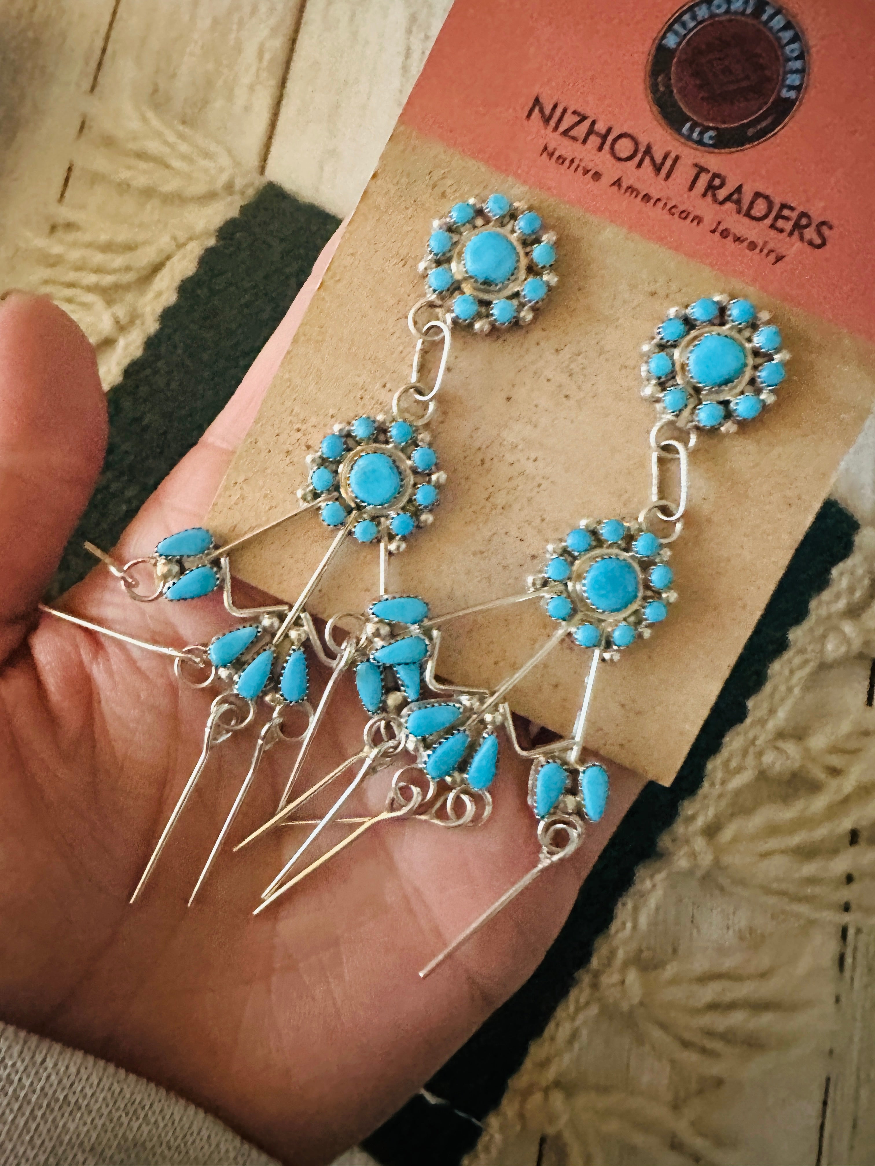 Handcrafted Sterling Silver & Turquoise Flower Chandelier Dangle Earrings