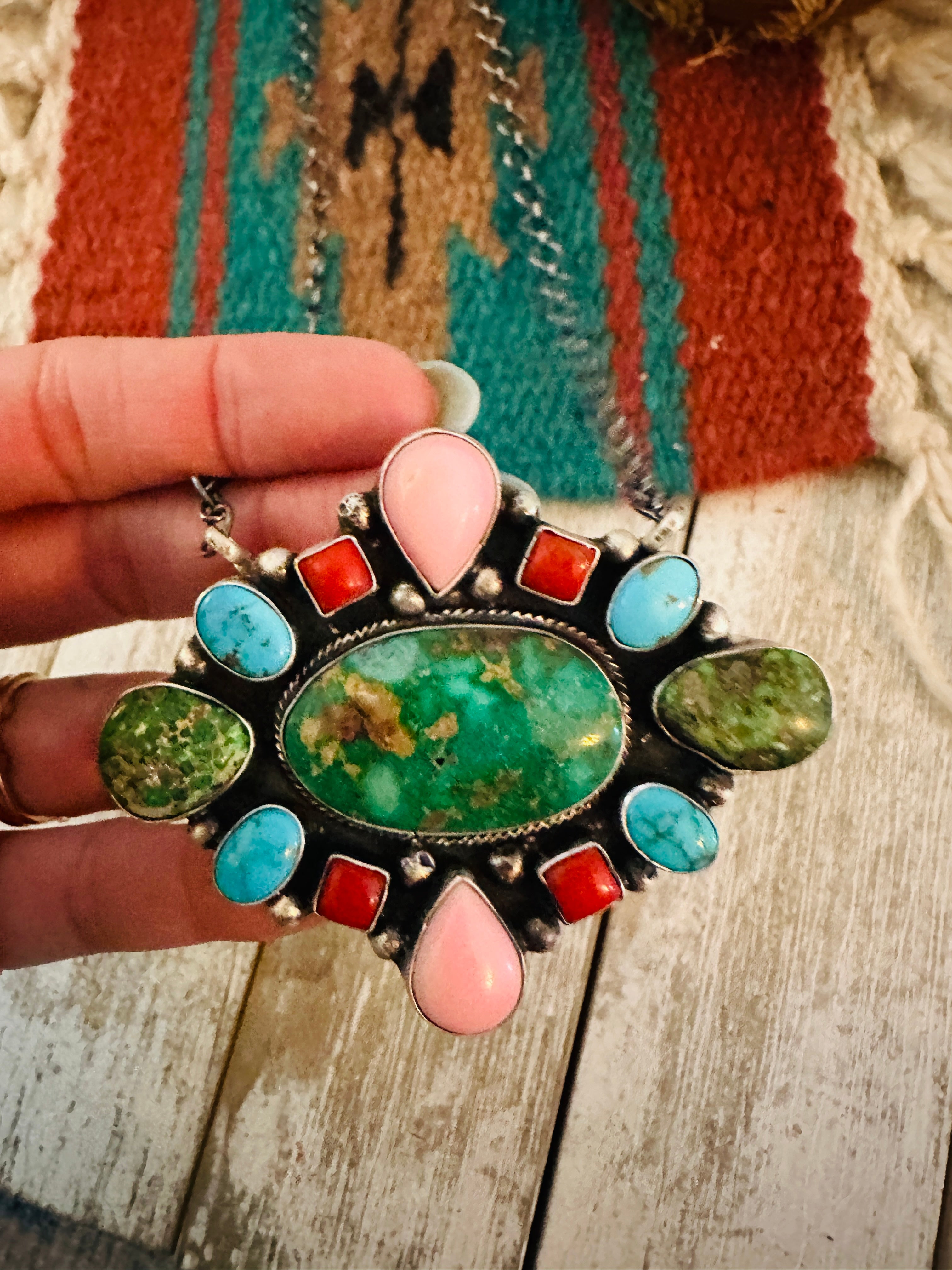 Navajo Sterling Silver & Multi Stone Cluster Necklace