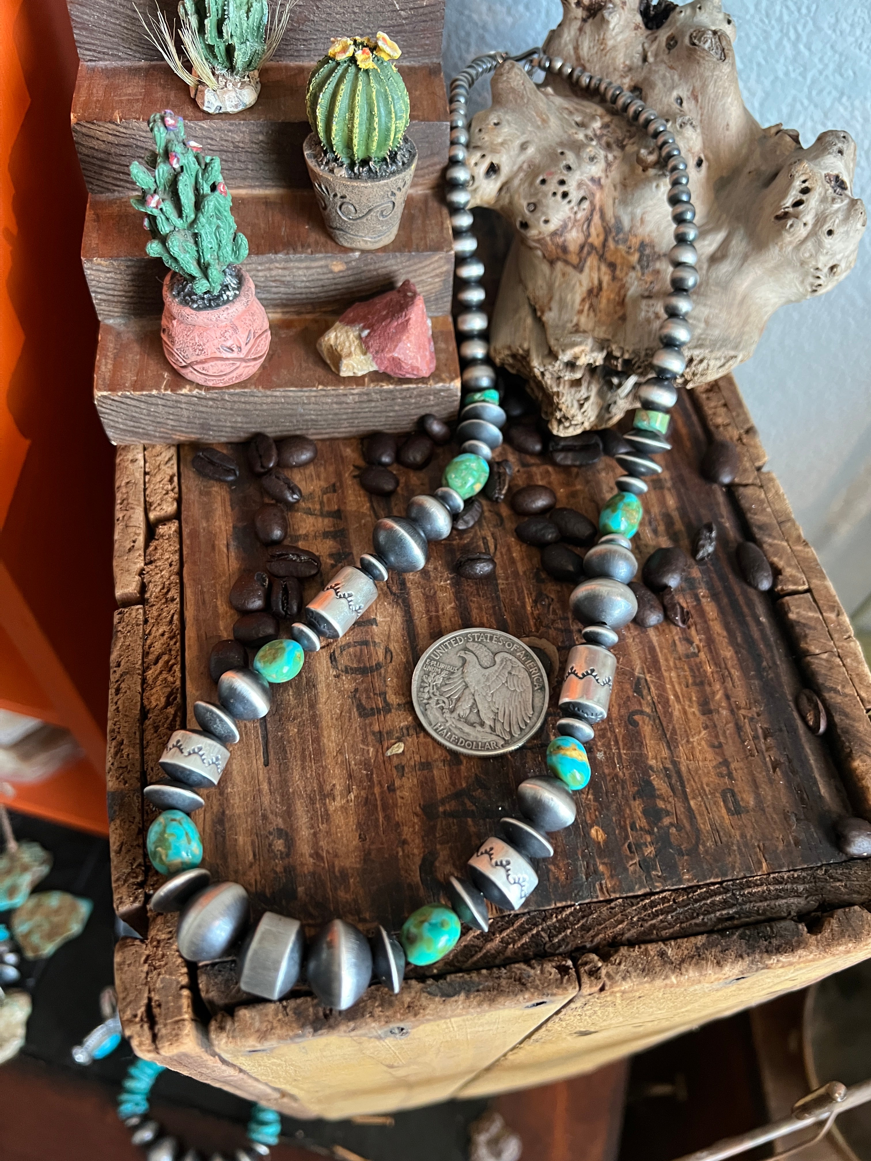 Handcrafted Sterling Silver and Sonoran Mountain Turquoise and Beaded Necklace by Rose Martin, 24 + 1 Inches
