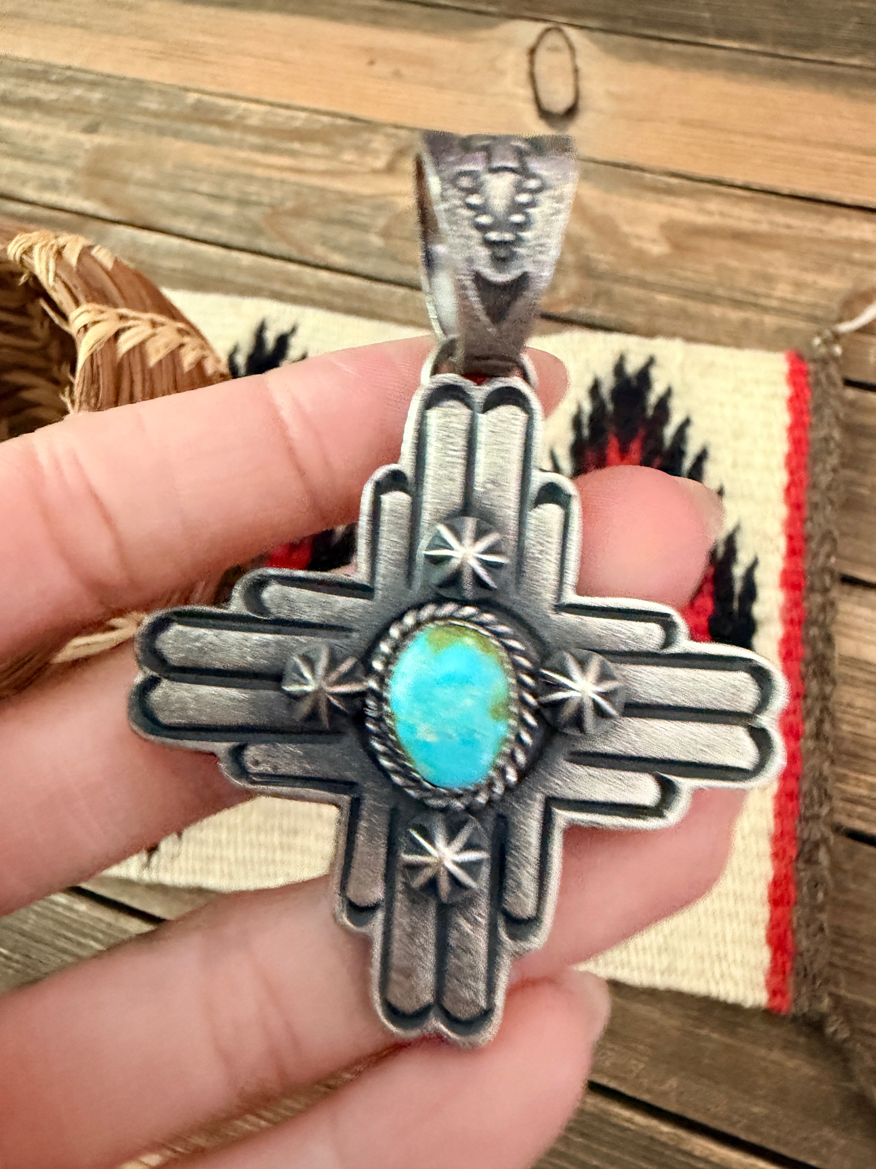 Handcrafted Sterling Silver & Sonoran Mountain Turquoise Zia Cross Pendant by Kevin Billah