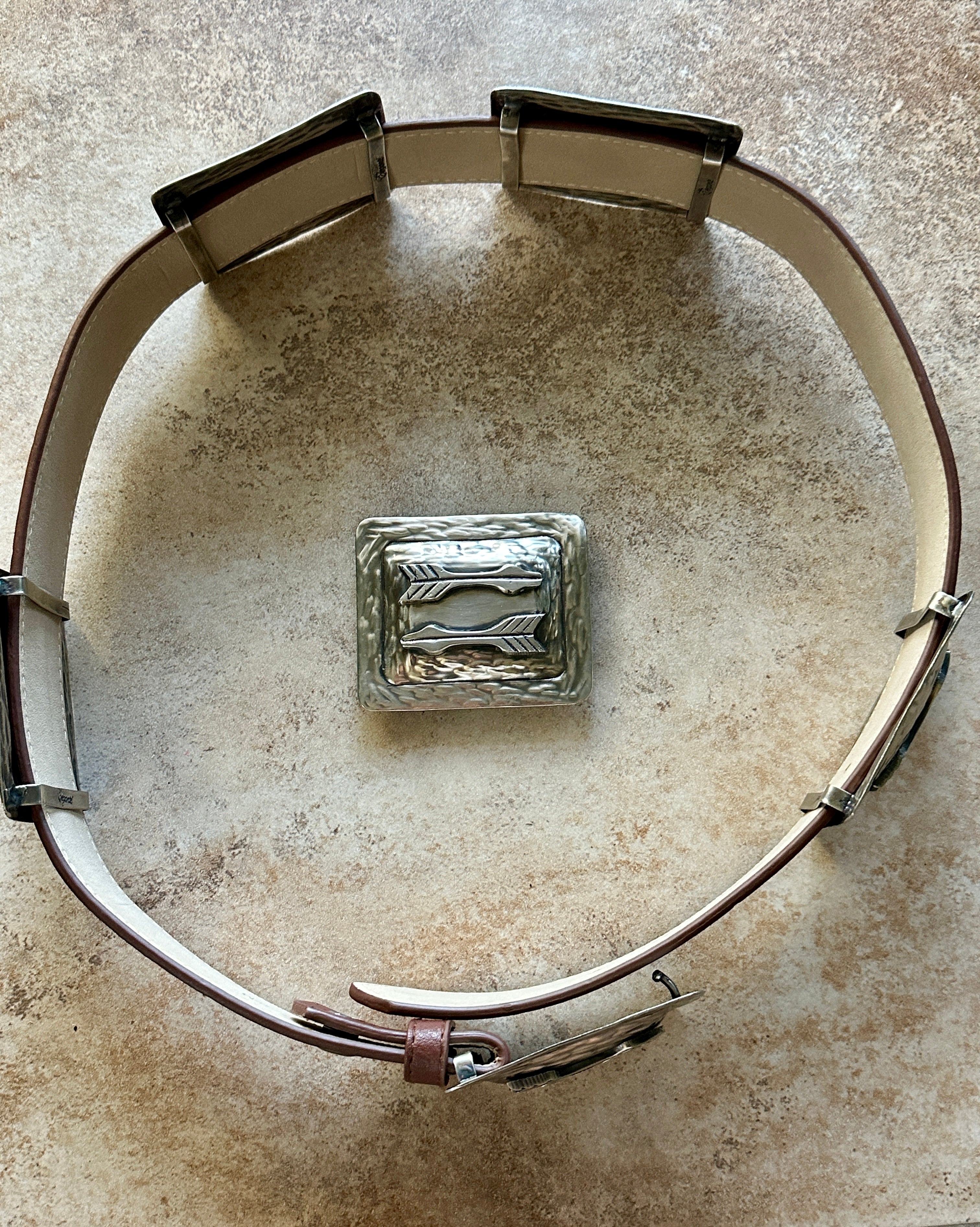 Brown Leather Belt With Silver-Plated Brass Arrow Engraved Buckles