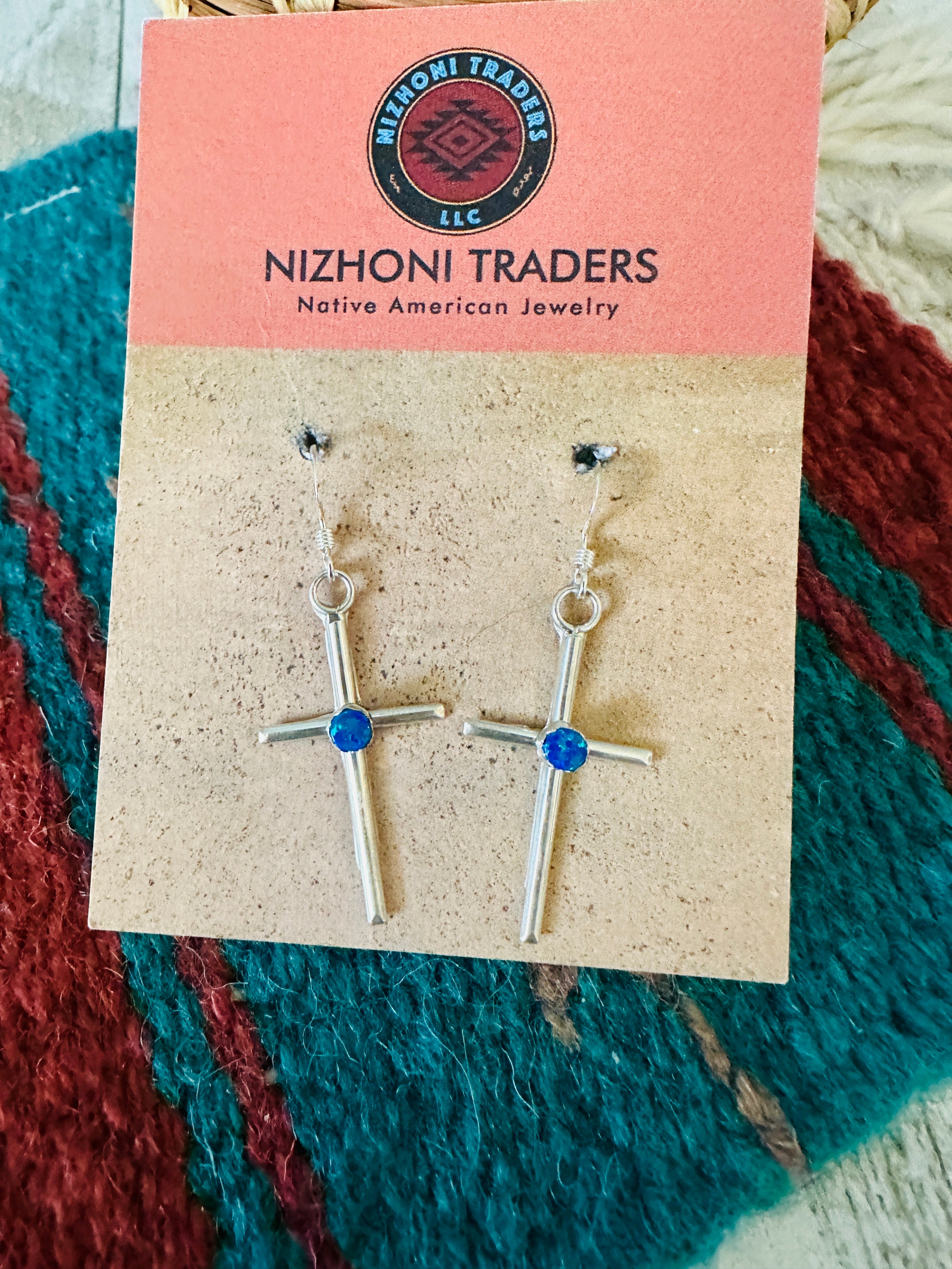 Handcrafted Sterling Silver & Blue Opal Cross Dangle Earrings