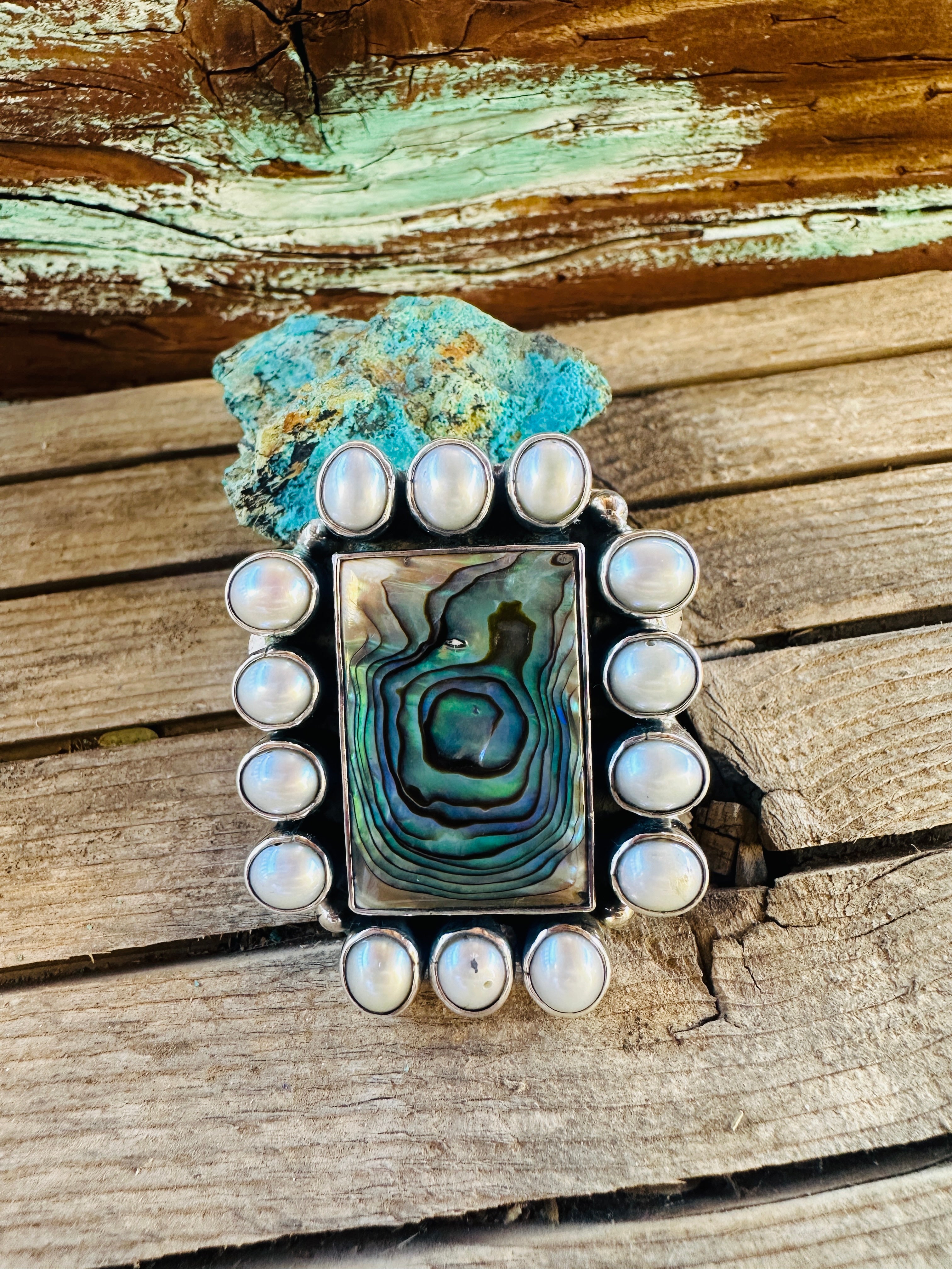 Handcrafted Abalone, Mother of Pearl & Sterling Silver Adjustable Ring by Federico Jimenez
