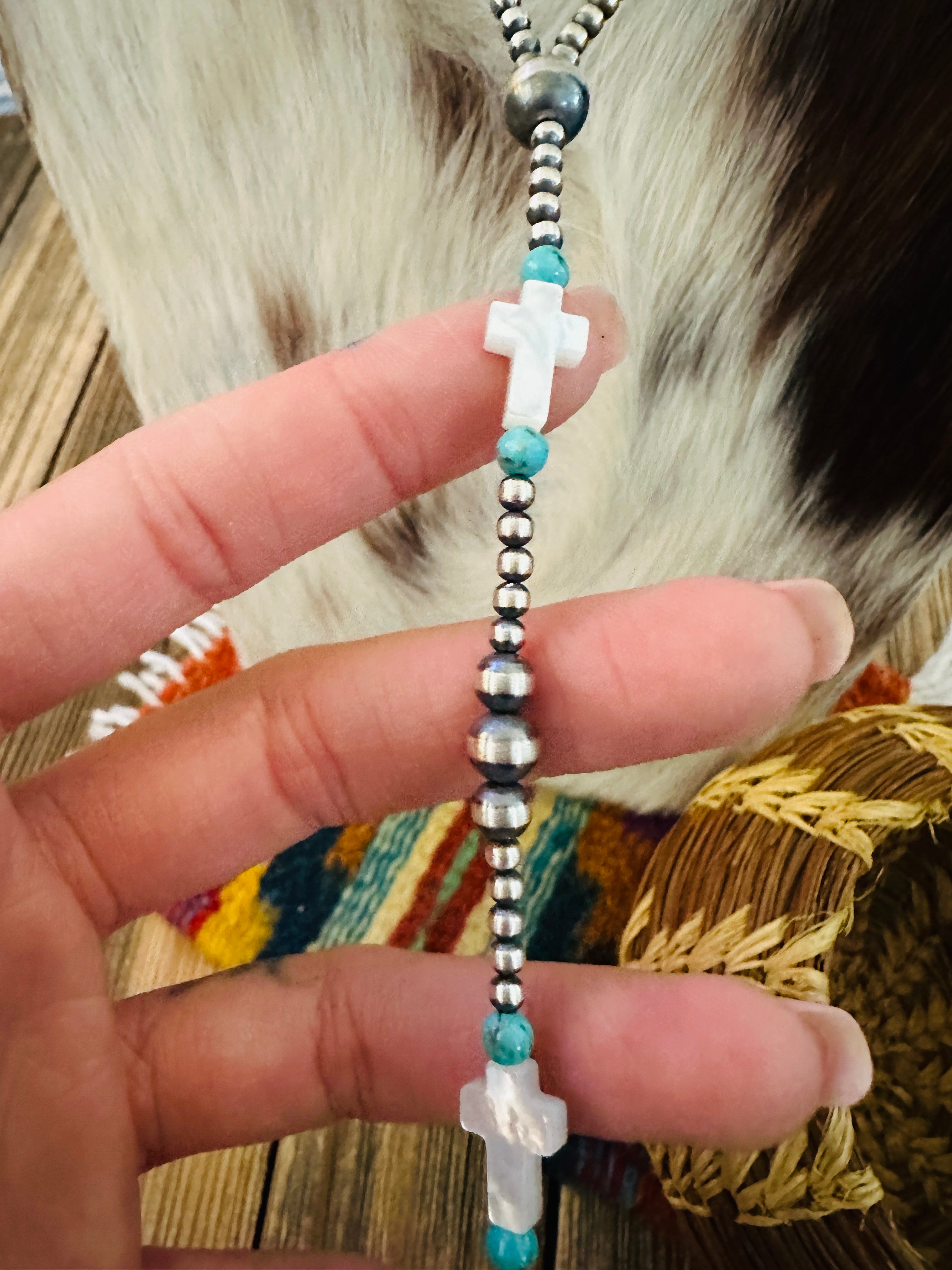Handcrafted Turquoise, Mother of Pearl & Sterling Silver Pearl 20” Beaded Lariat Necklace