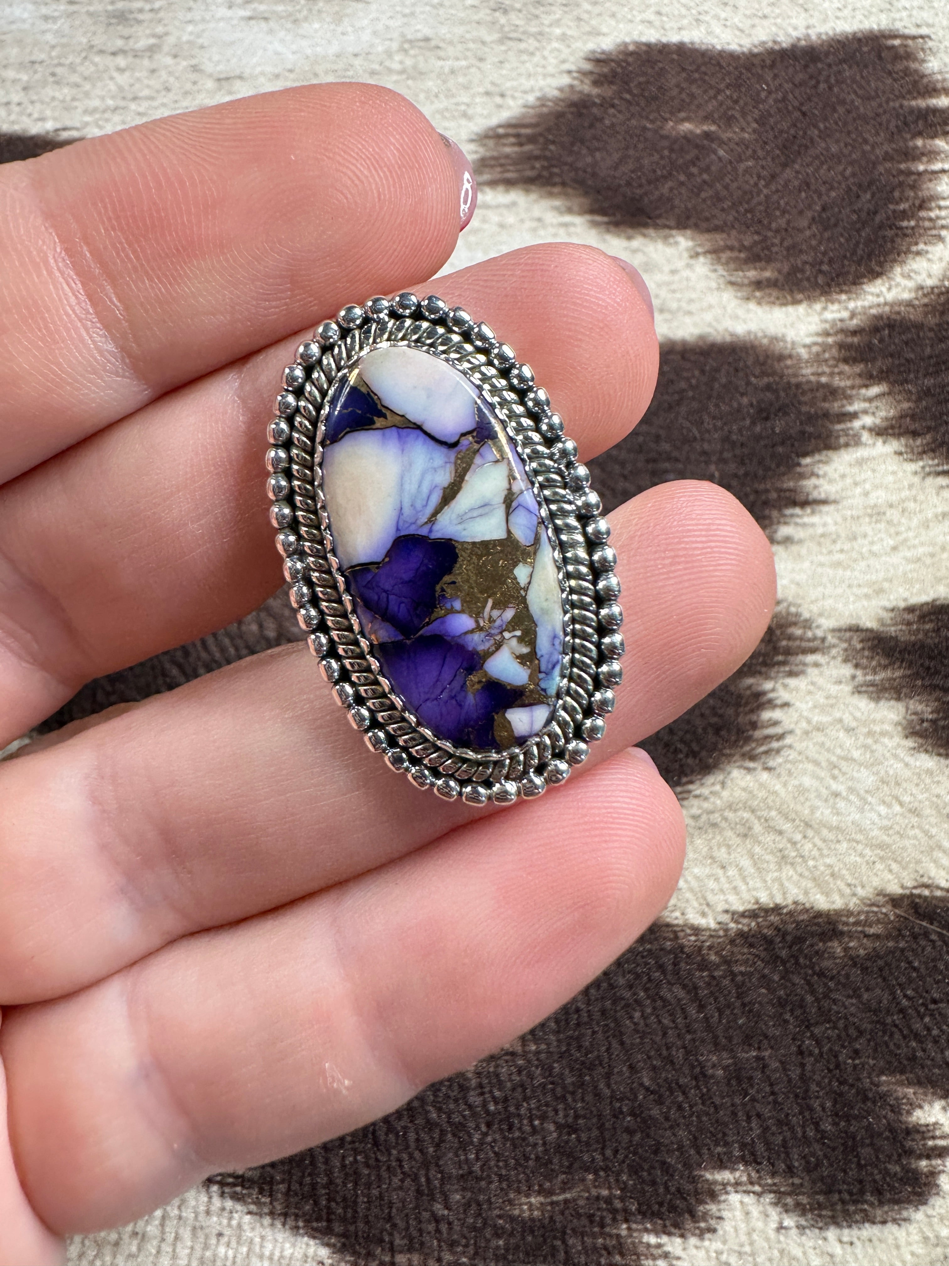 Beautiful Handmade Violet Frost And Sterling Silver Adjustable Ring OVAL