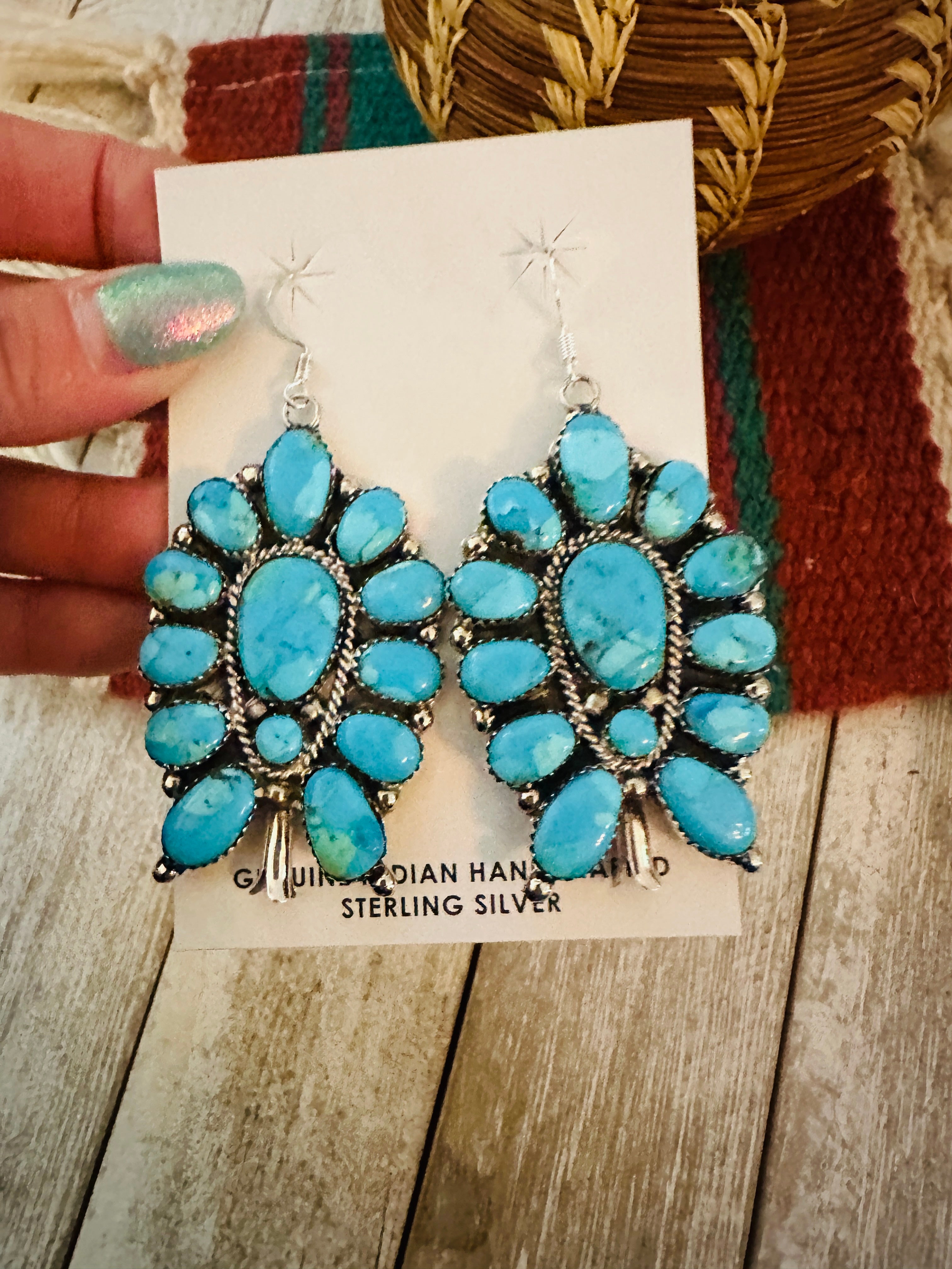 Handcrafted Sterling Silver & Turquoise Cluster Blossom Dangle Earrings