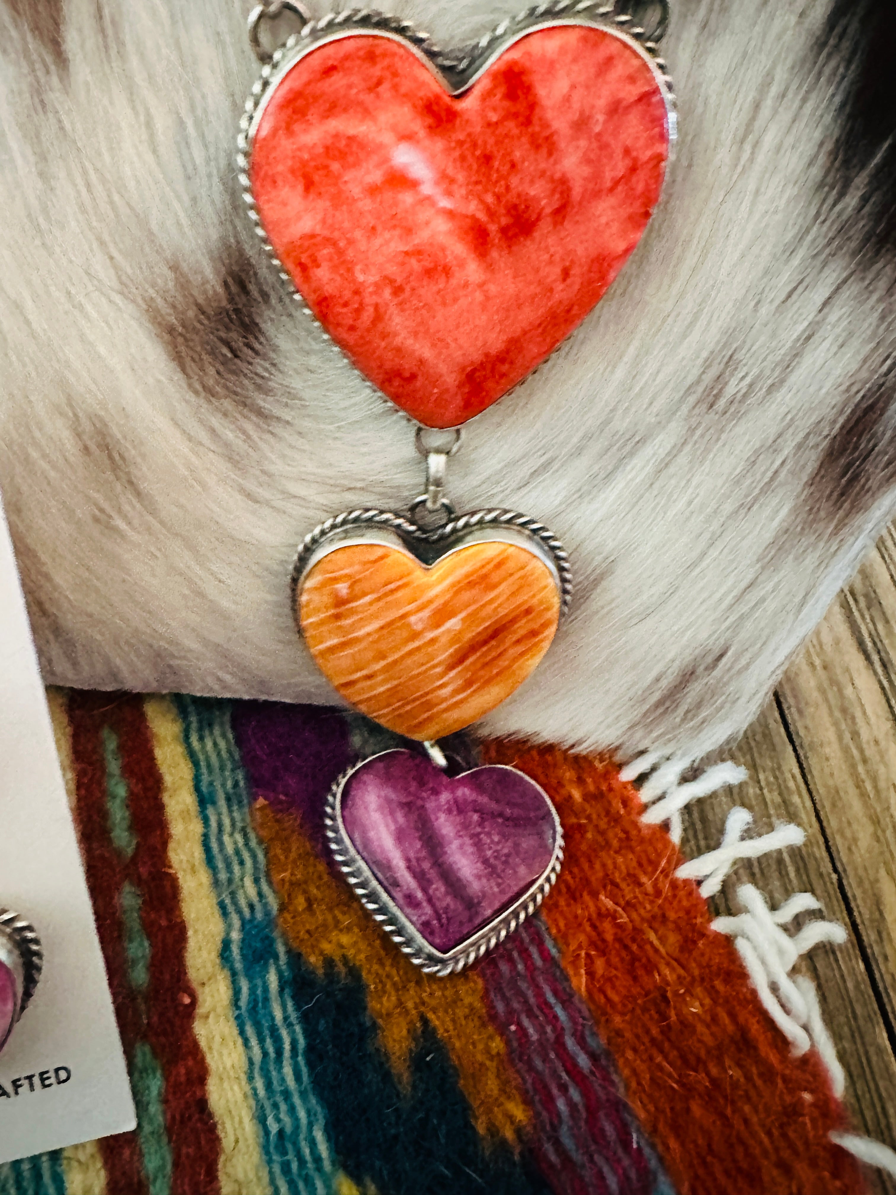 Handcrafted Spiny Oyster & Sterling Silver Heart Necklace and Earring Set by Debra Smith