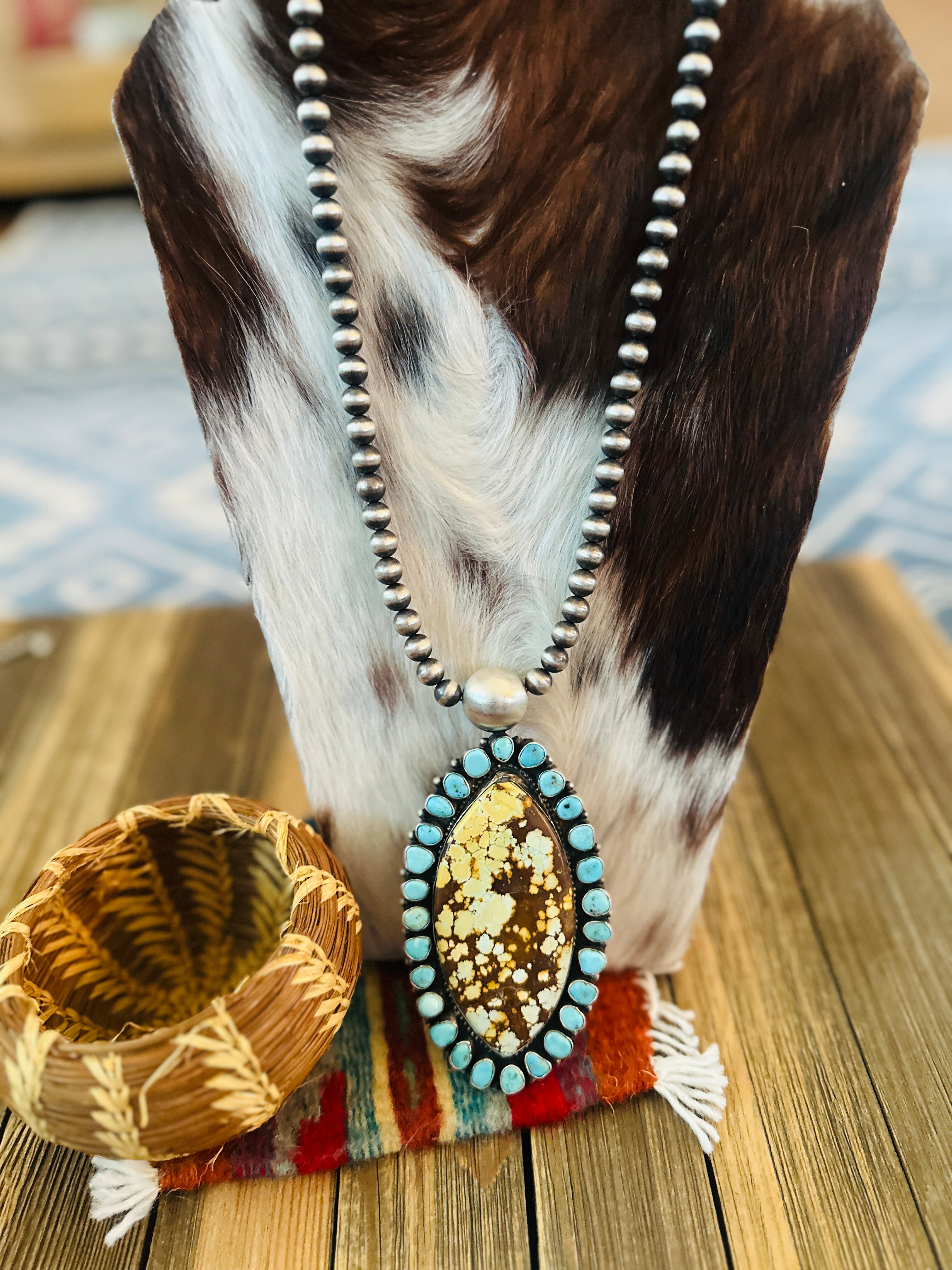 Handcrafted Turquoise & Sterling Silver Cluster Beaded Necklace by Sheila Becenti