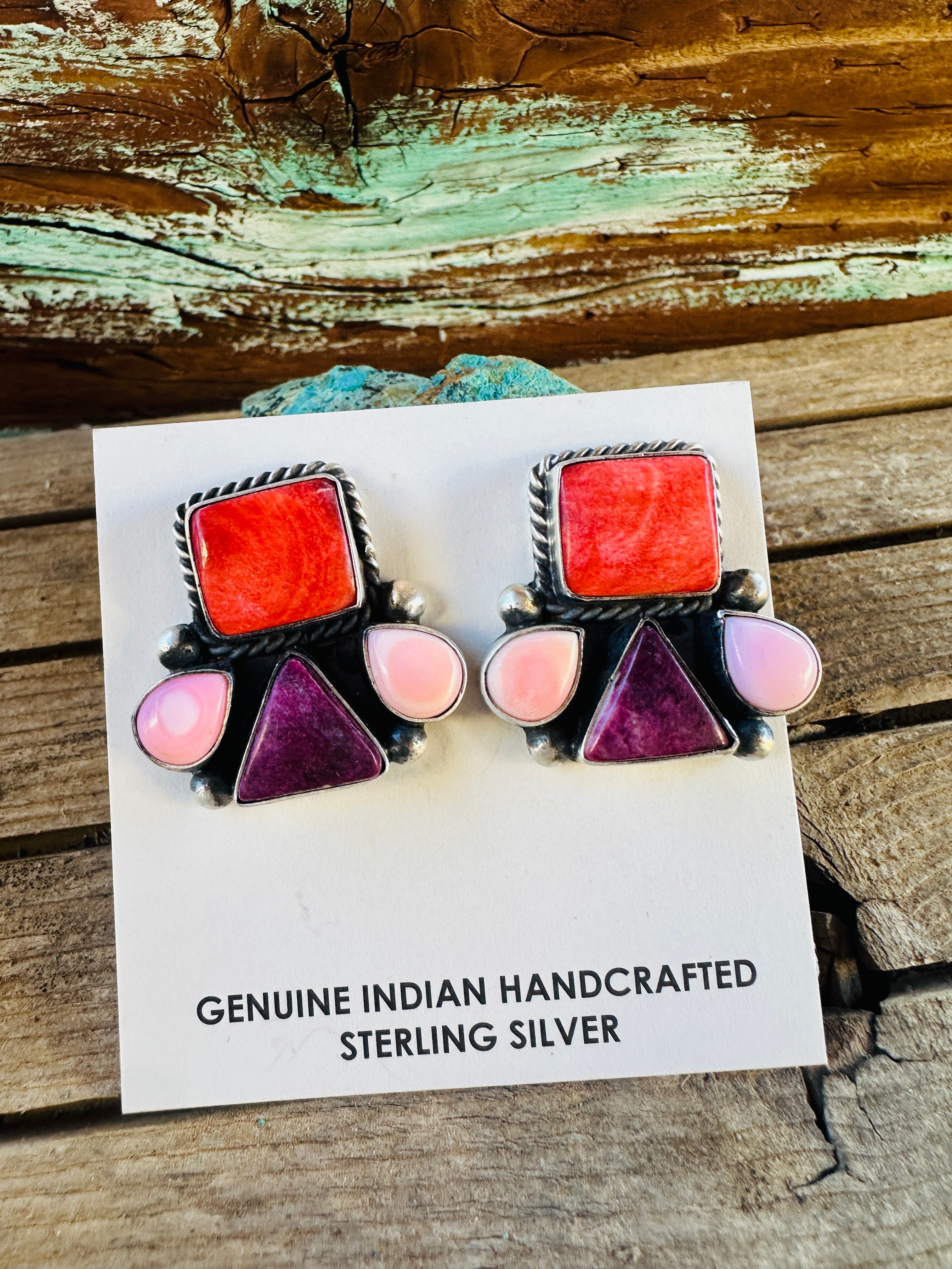 Handcrafted Spiny Oyster, Queen Pink Conch & Sterling Silver Post Earrings by Hiram Largo