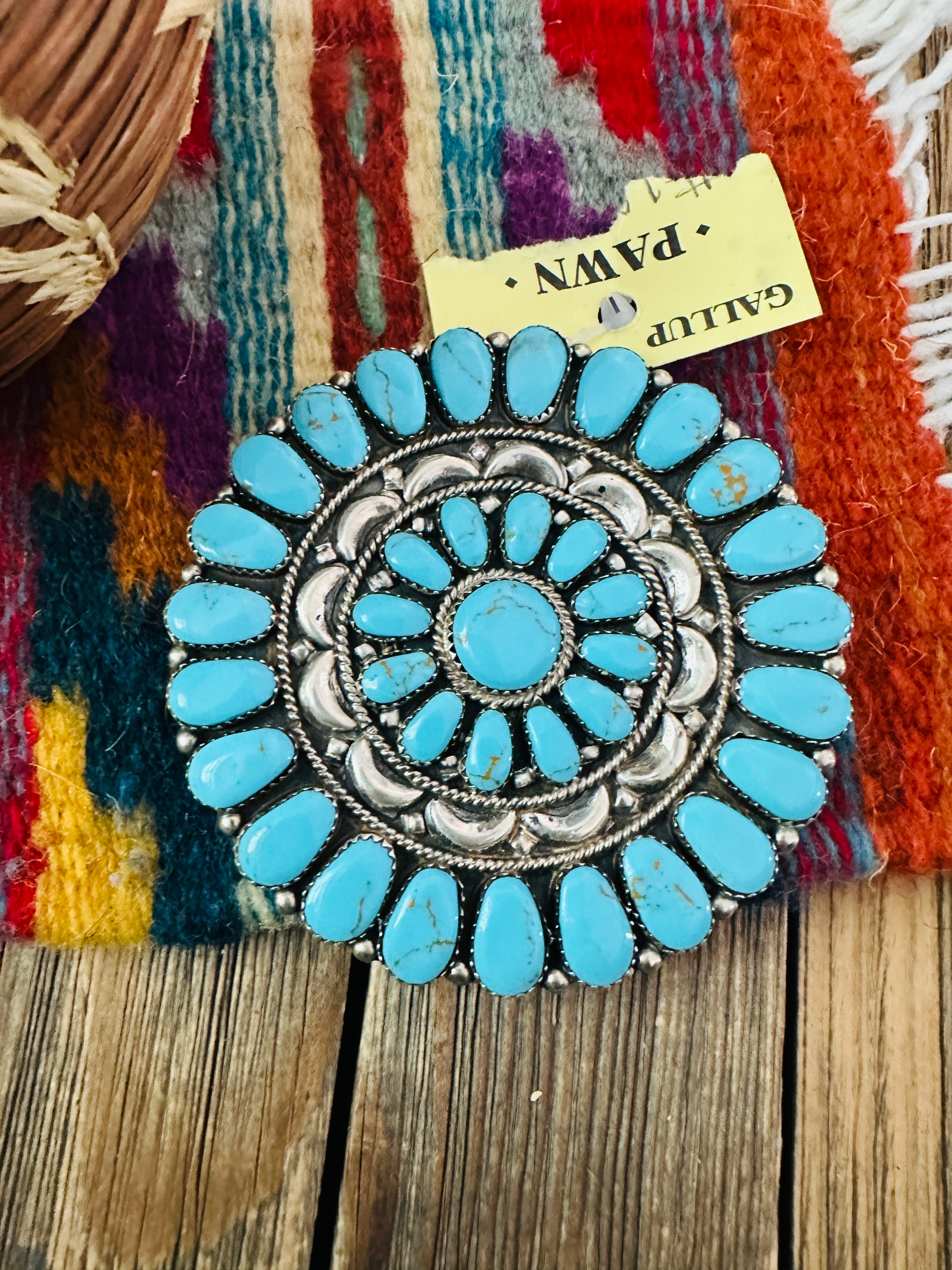 Old Pawn Handcrafted Turquoise and Sterling Silver Cluster Brooch/ Pendant