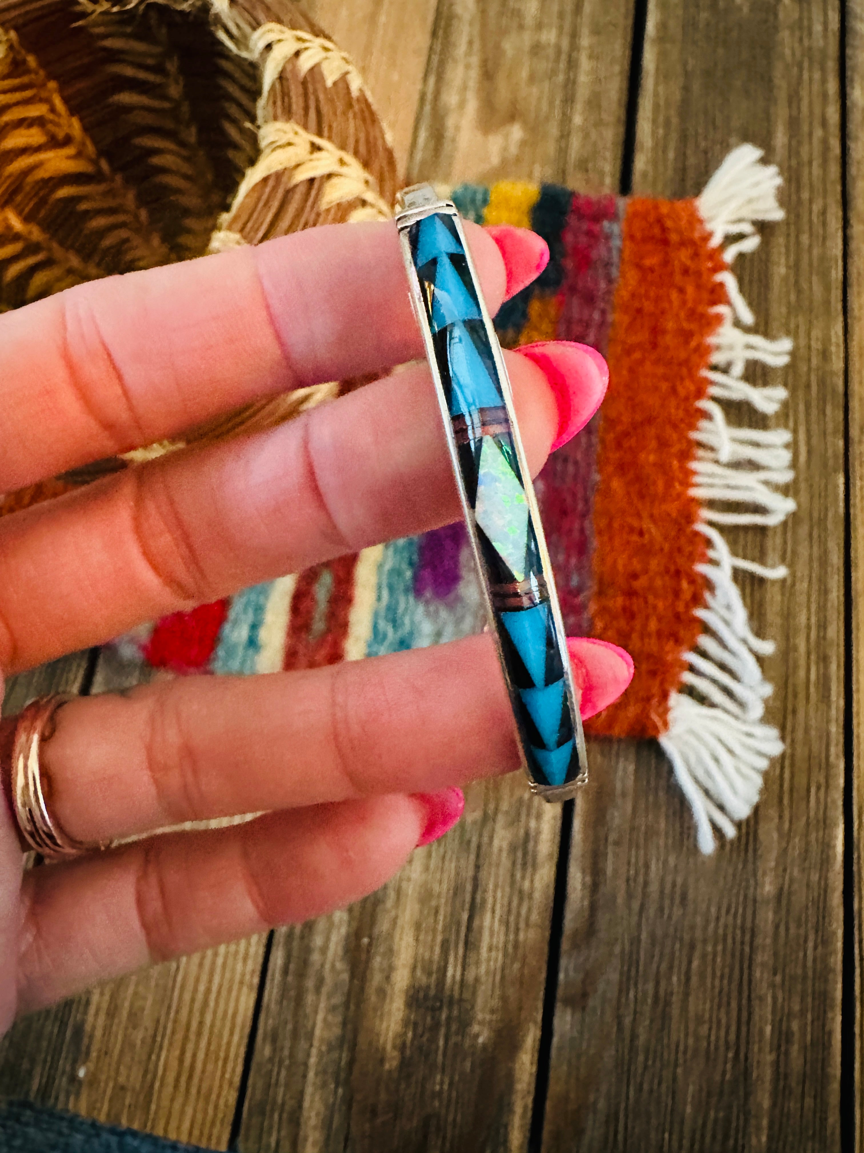Handcrafted Multi Stone & Sterling Silver Inlay Cuff Bracelet