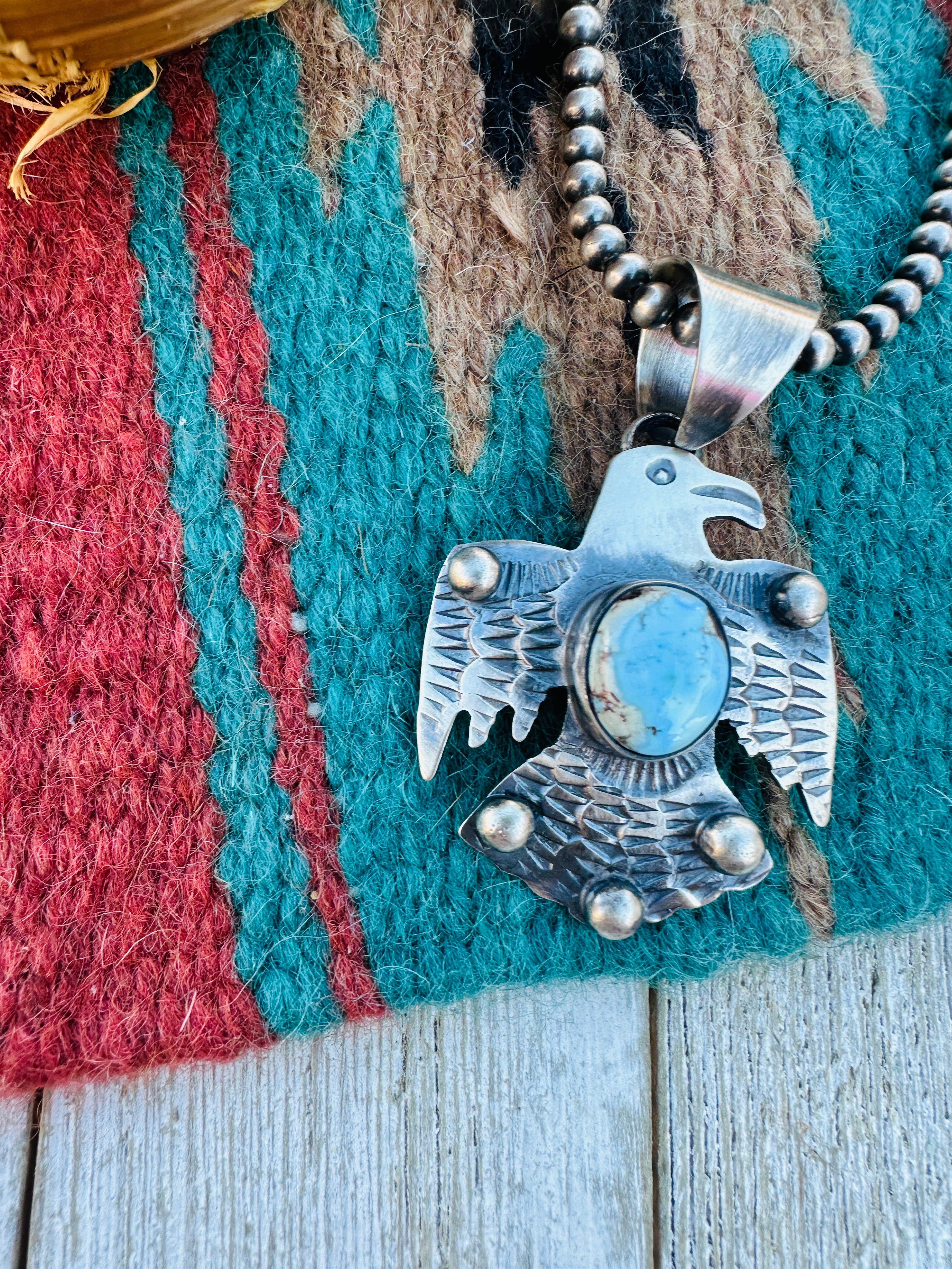 Handcrafted Sterling Silver & Golden Hills Turquoise Thunderbird Pendant by Chimney Butte