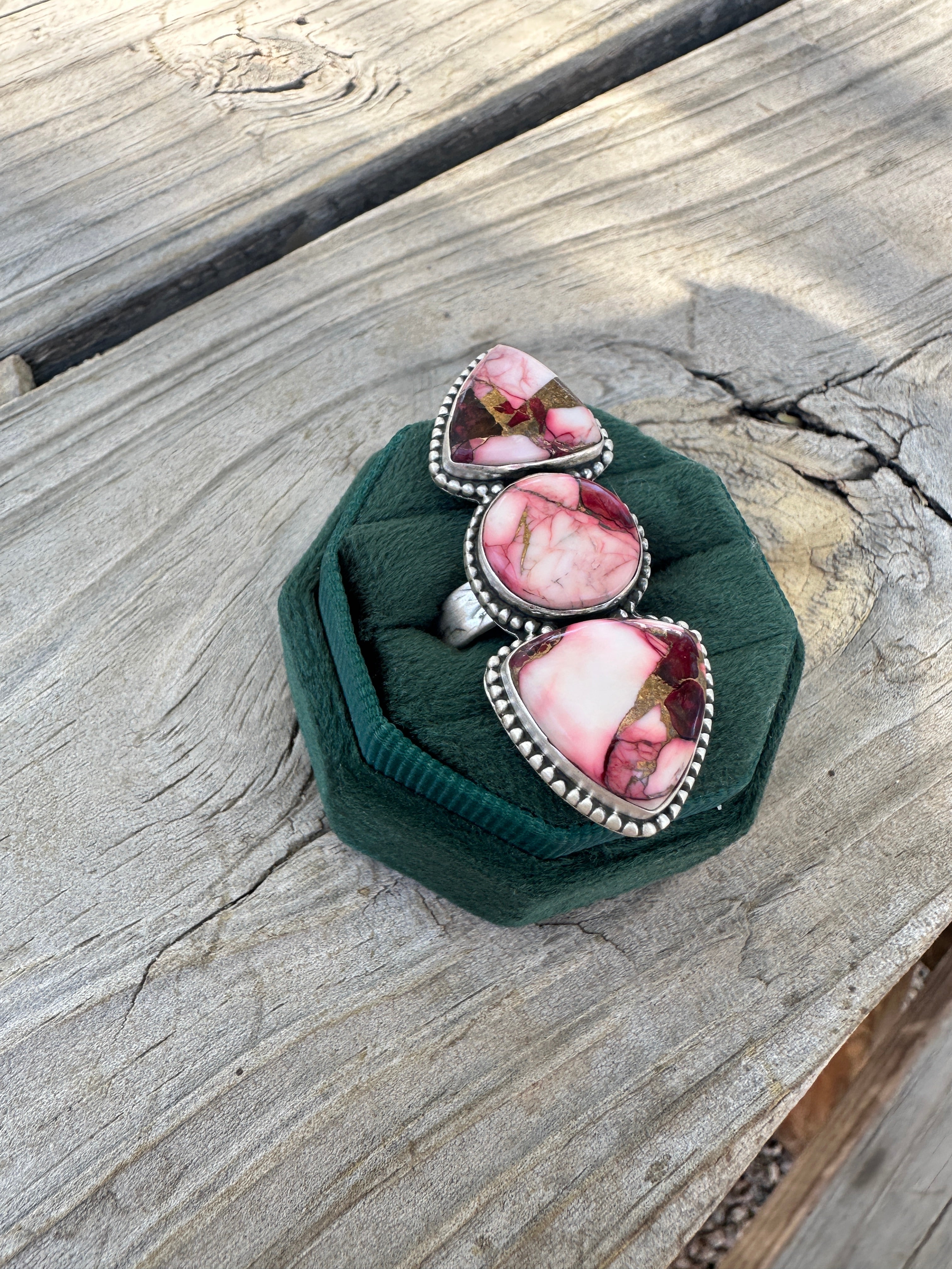 Beautiful Handmade Dahlia Rose And Sterling Silver Adjustable 3 Stone Ring