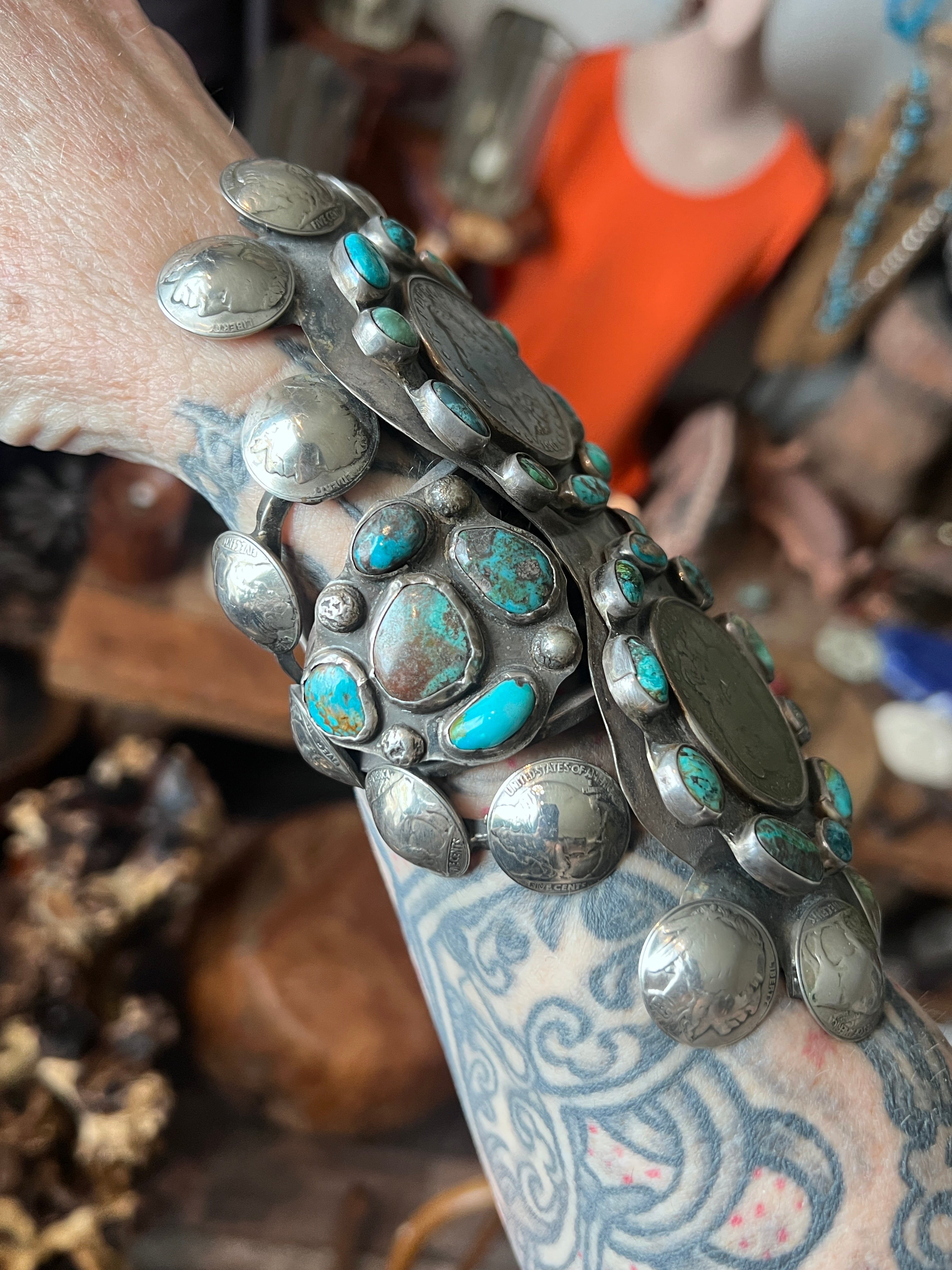 Insane Old Pawn Sterling Silver, Morgan Dollar, Buffalo Nickel and Turquoise Cuff Bracelet