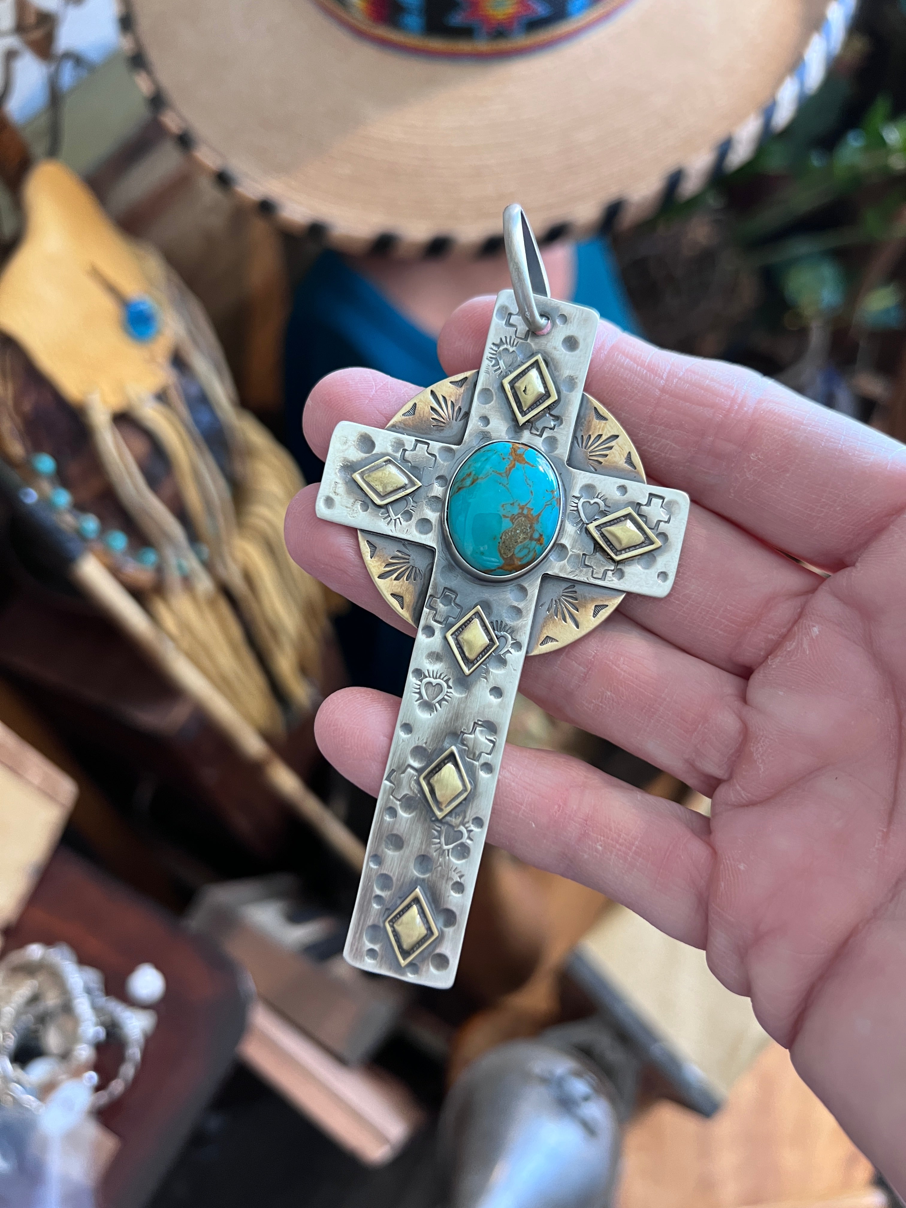 Hand Stamped Sterling Silver, Brass & Royston Turquoise Cross Pendant by Kimari Somers