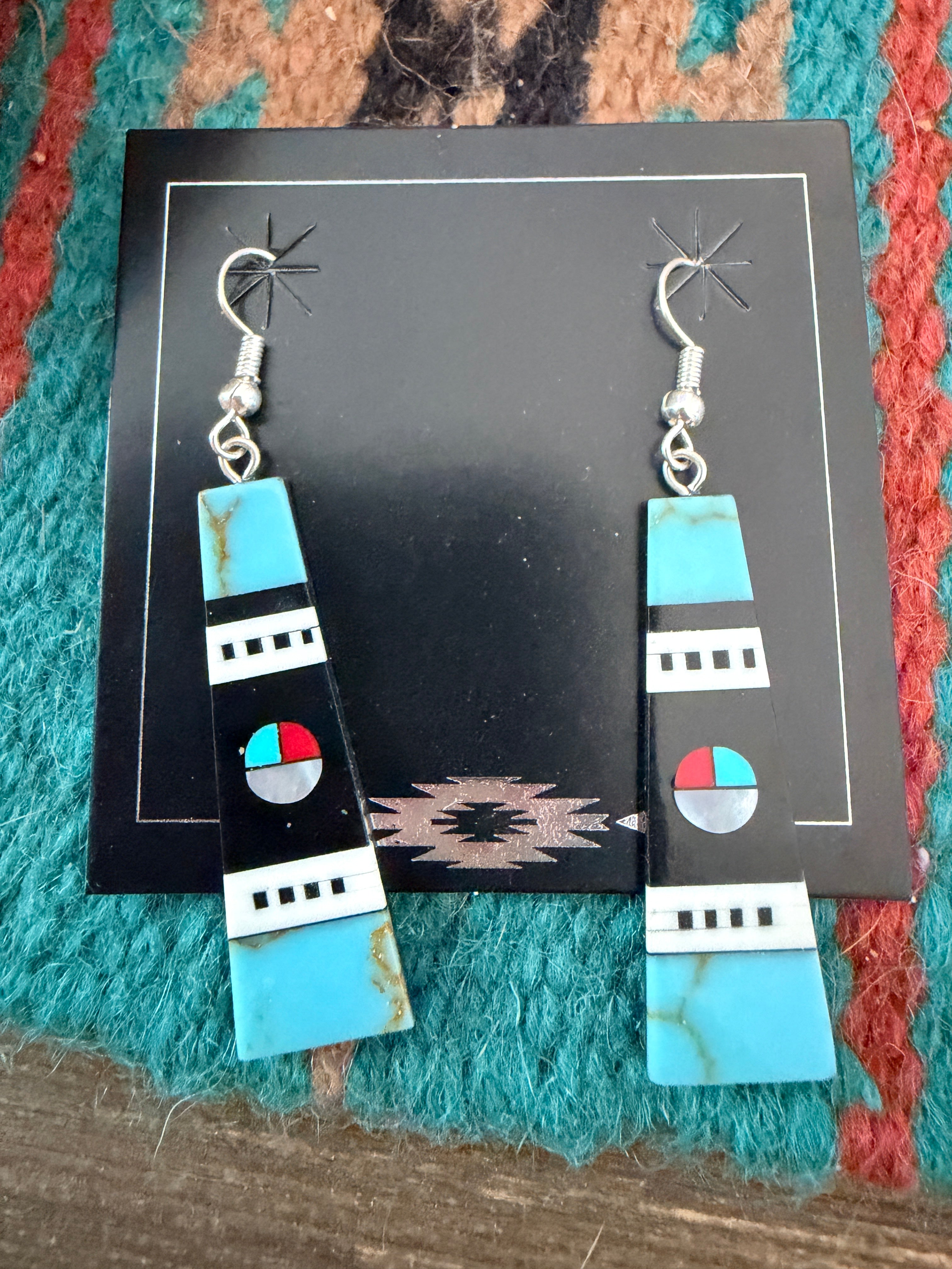 Old Pawn Handcrafted Sterling Silver & Multi Stone Inlay Sun Face Dangle Earrings