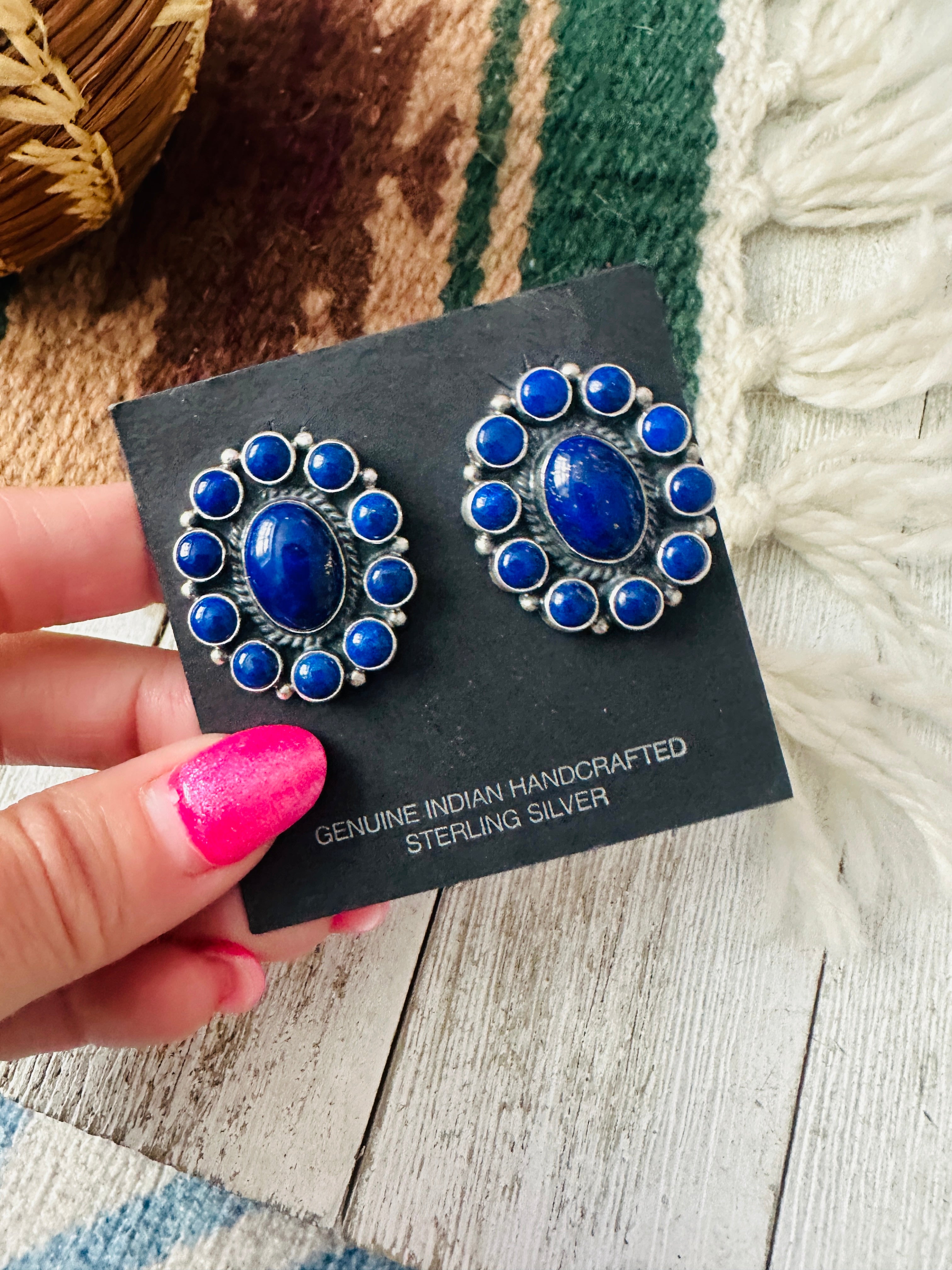 Handcrafted Old Pawn Lapis and Sterling Silver Cluster Clip On Earrings