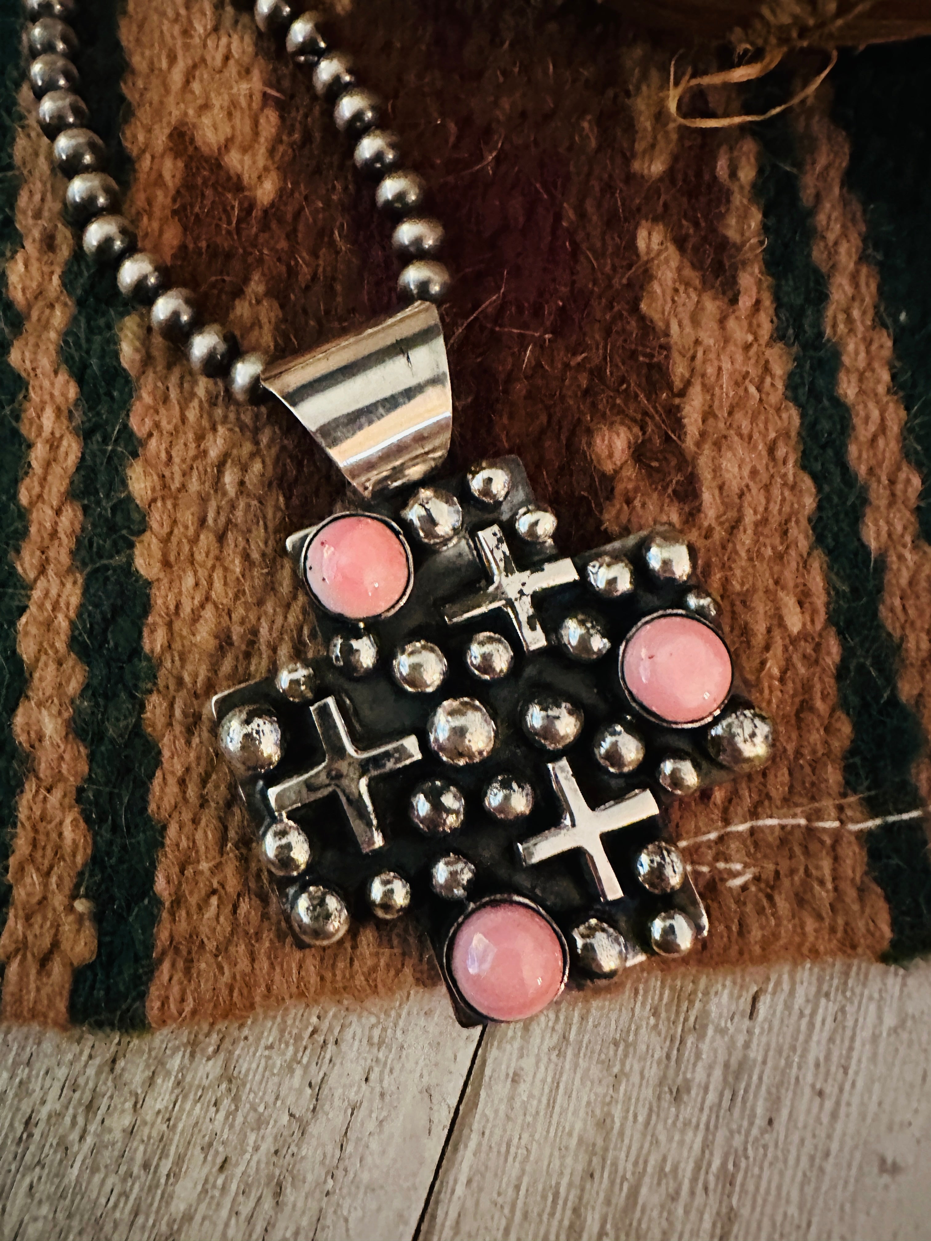Handcrafted Queen Pink Conch & Sterling Silver Cross Pendant by Chimney Butte