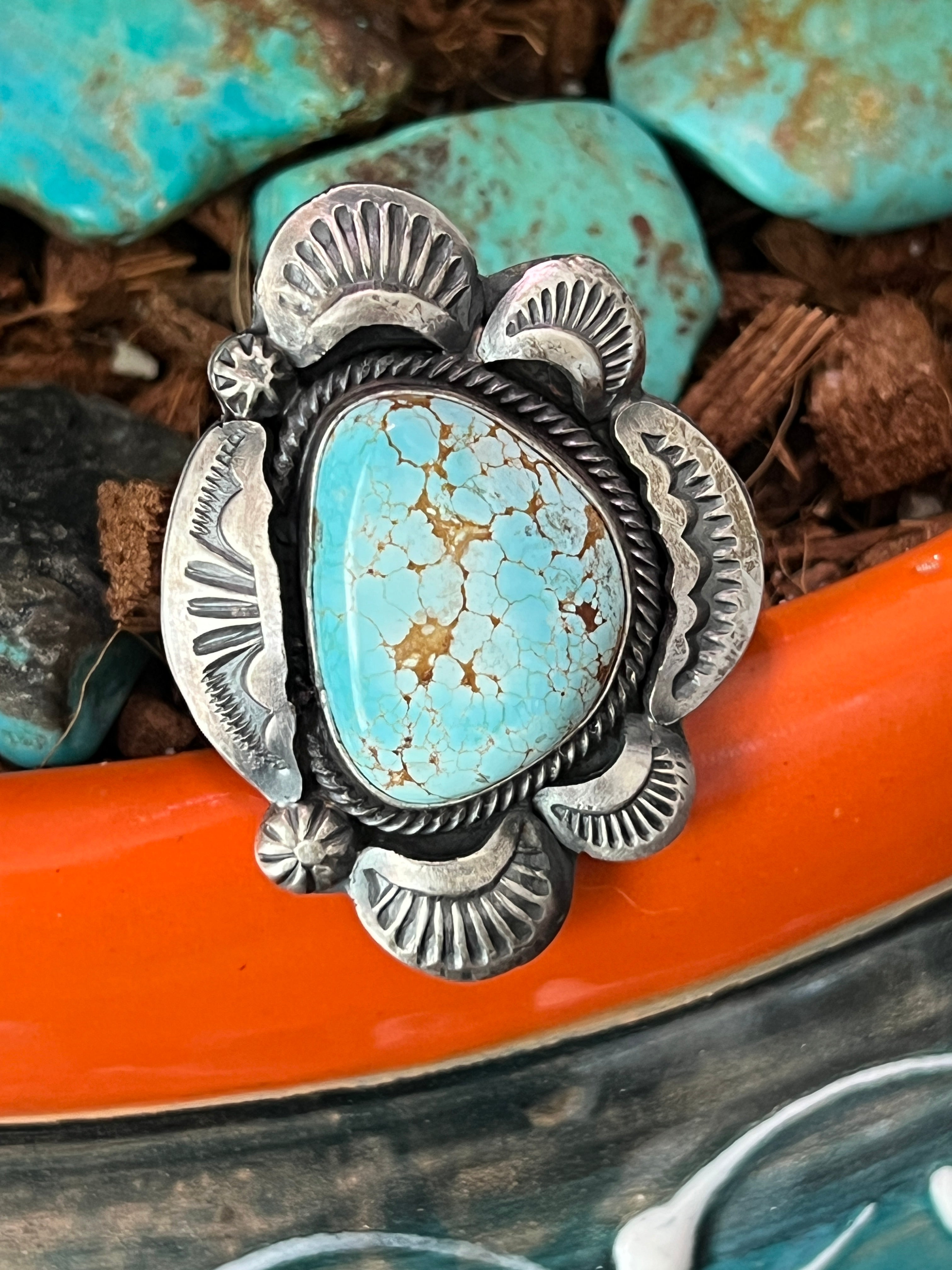 Handcrafted Sterling Silver and Number 8 Turquoise Ring by Artist, Gilbert Tom, Size 10.5