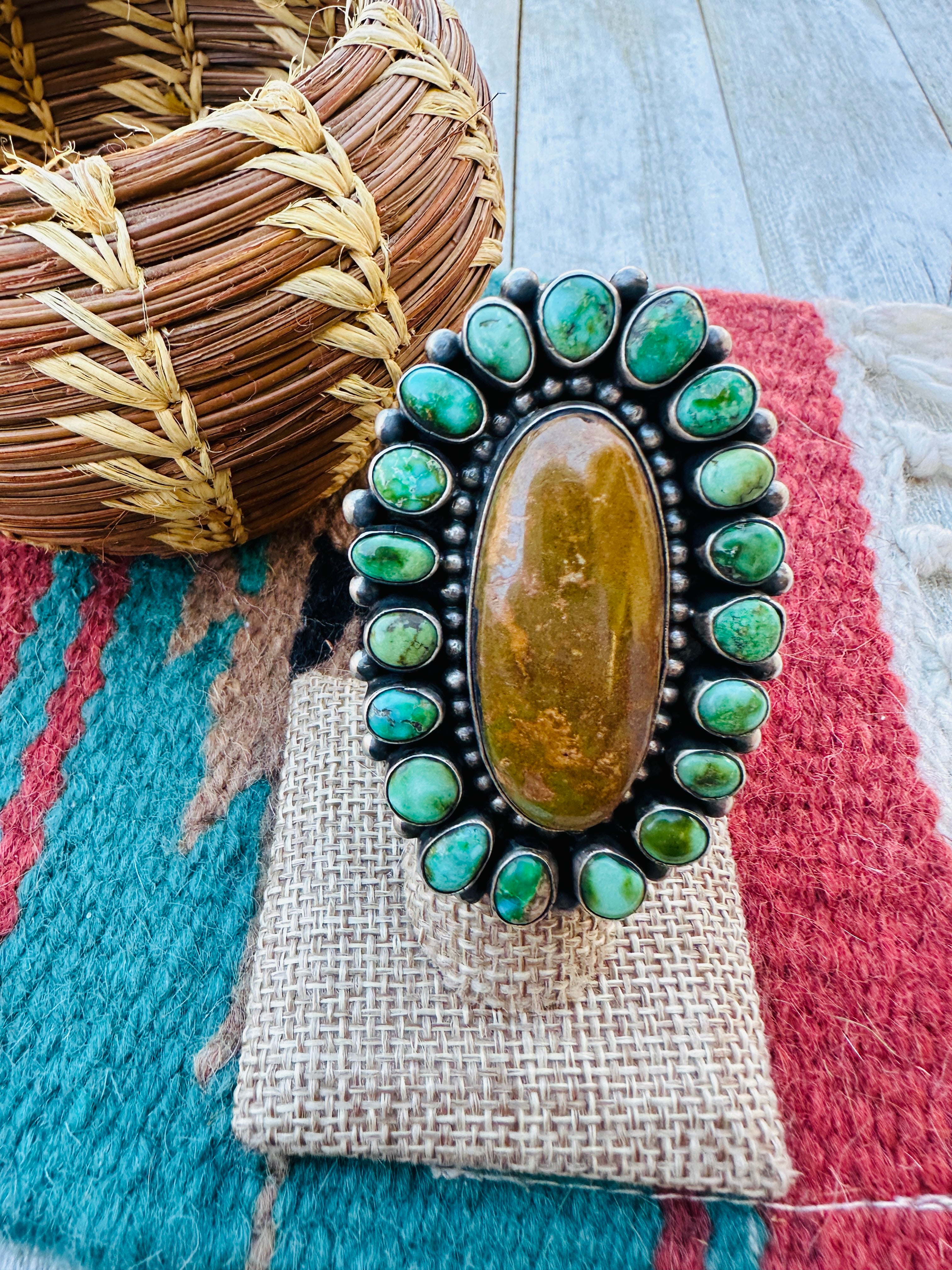 Handcrafted Royston Turquoise & Sterling Silver Cluster Ring Size 7 by Blaine Yellowhorse