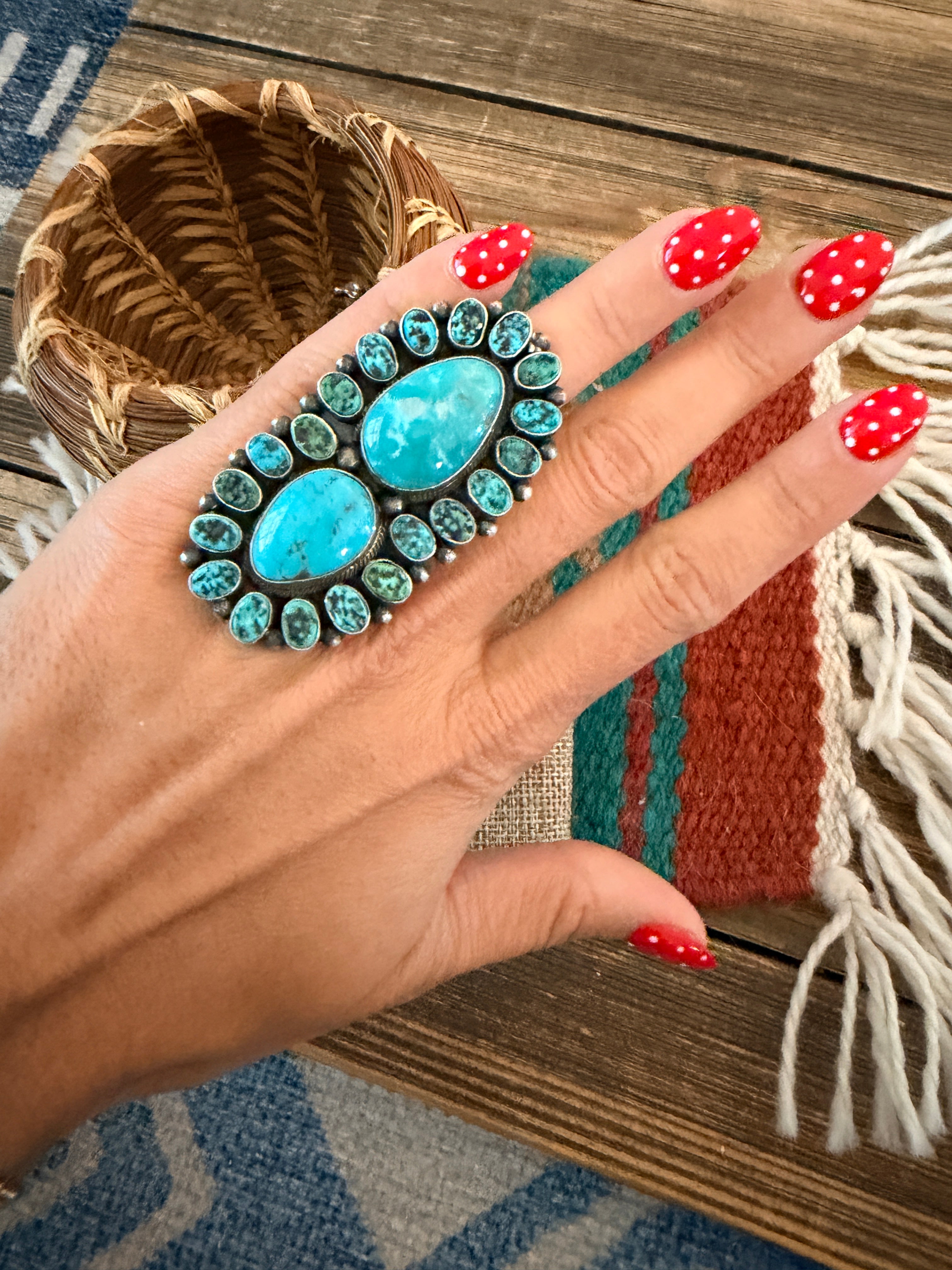 Handcrafted Turquoise & Sterling Silver Cluster Ring Size 4 by Blaine Yellowhorse