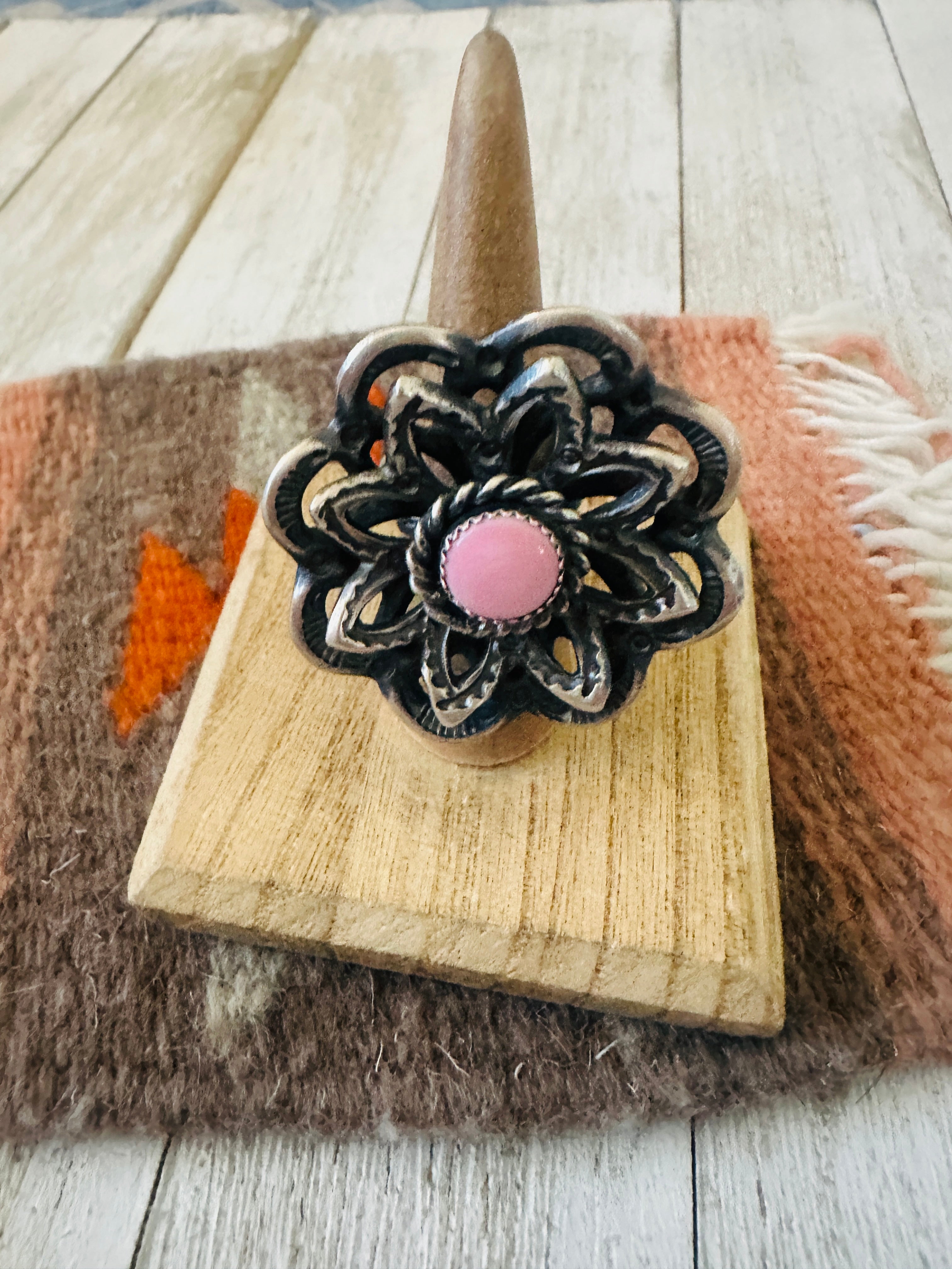 Handcrafted Sterling Silver & Queen Pink Conch Shell Adjustable Flower Ring by Kevin Billah
