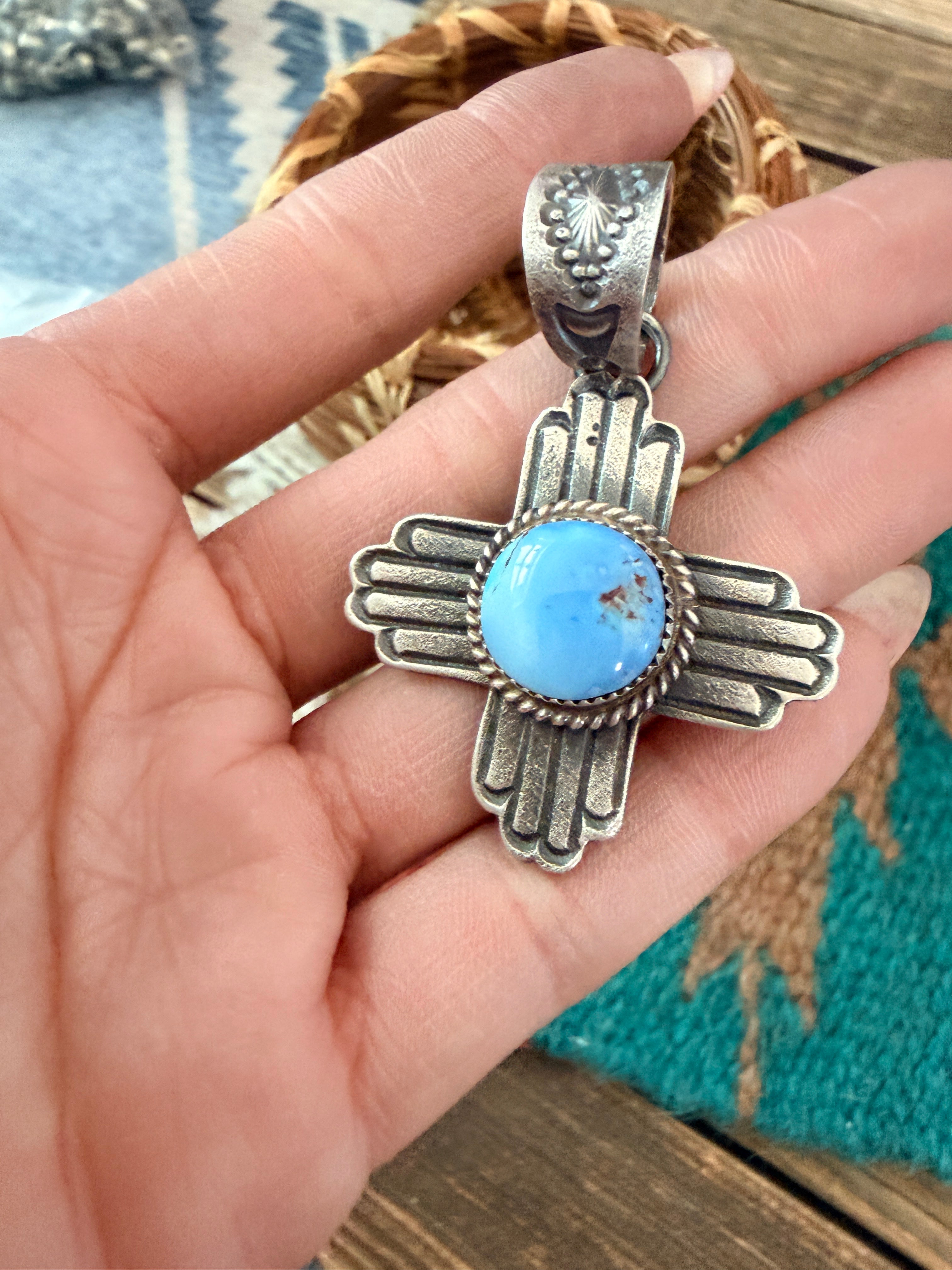 Handcrafted Sterling Silver & Golden Hills Turquoise Cross Pendant by Kevin Billah