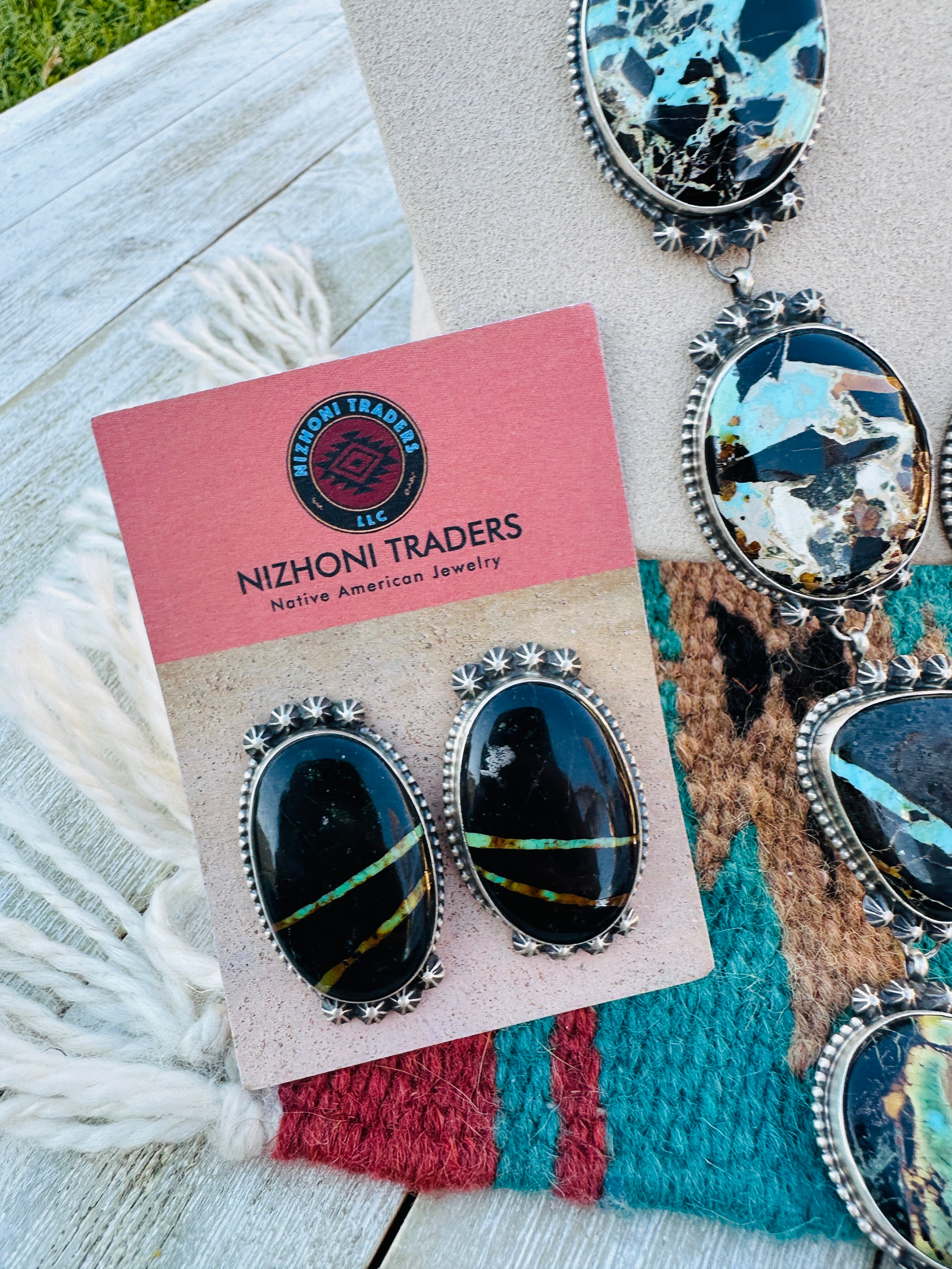 Handcrafted Blackjack Turquoise & Sterling Silver Necklace Set by Dave Skeets