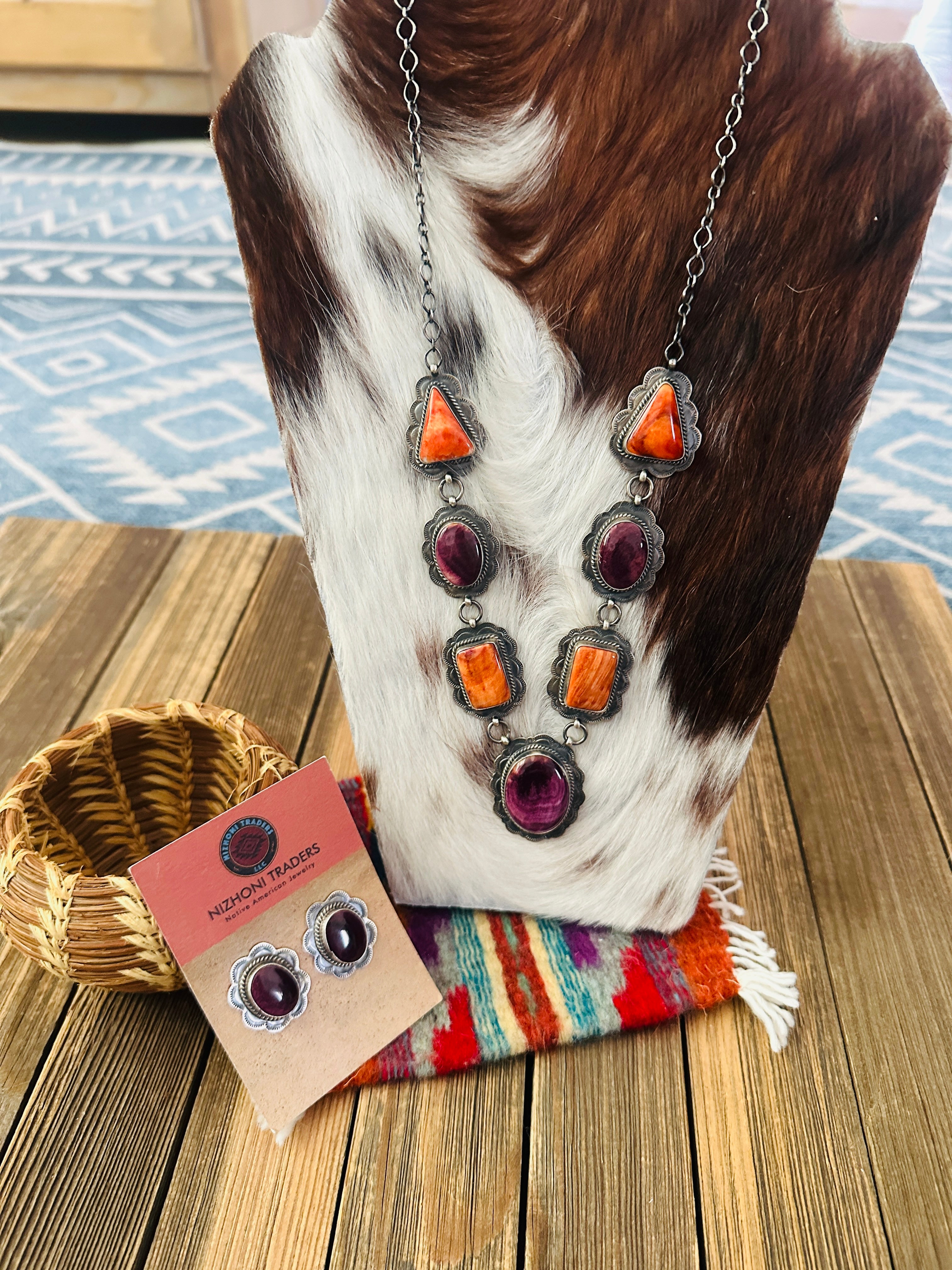 Handcrafted Orange Spiny Oyster & Sterling Silver Necklace and Earring Set