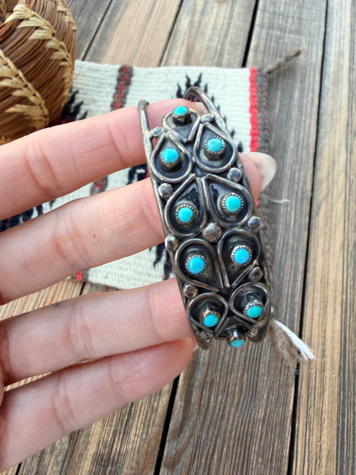 Handcrafted Old Pawn Sterling Silver & Turquoise Petit Point Cuff Bracelet