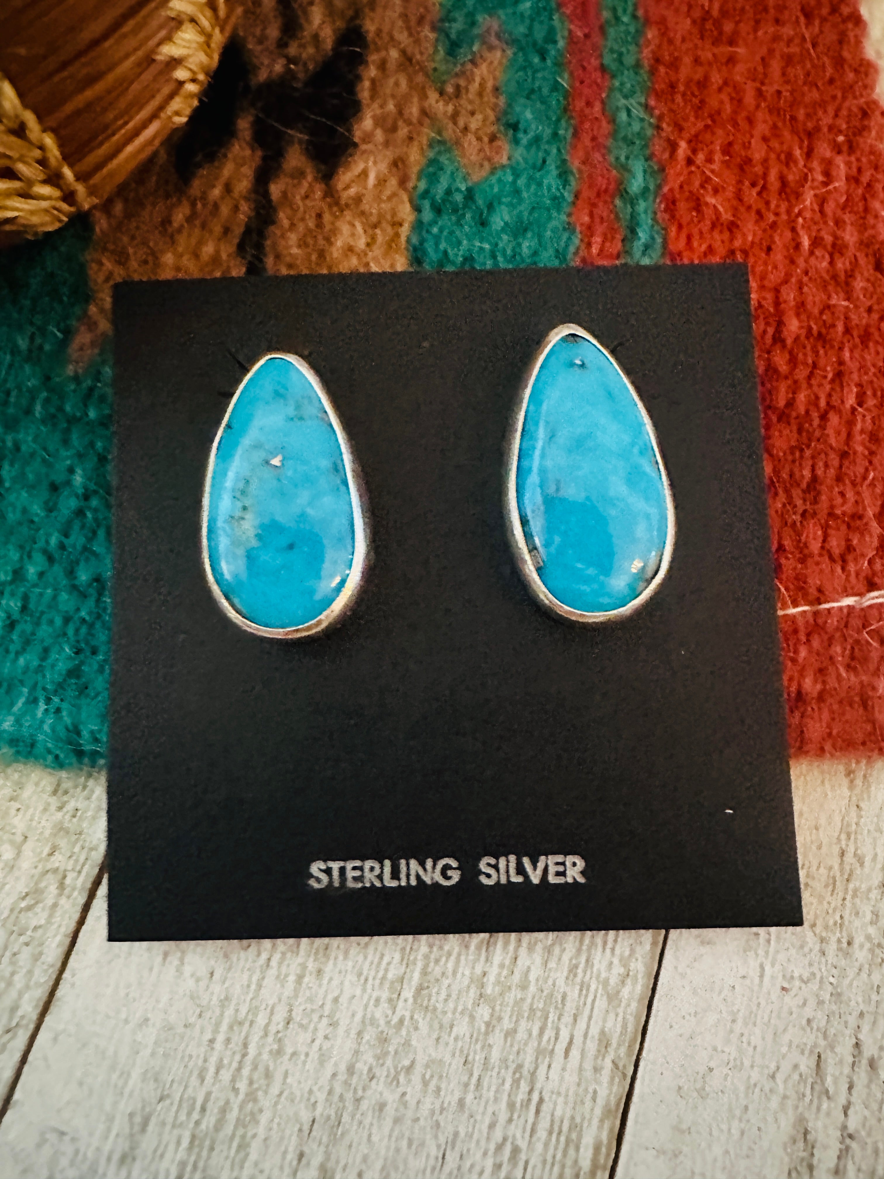 Handcrafted Turquoise & Sterling Silver Post Earrings Signed