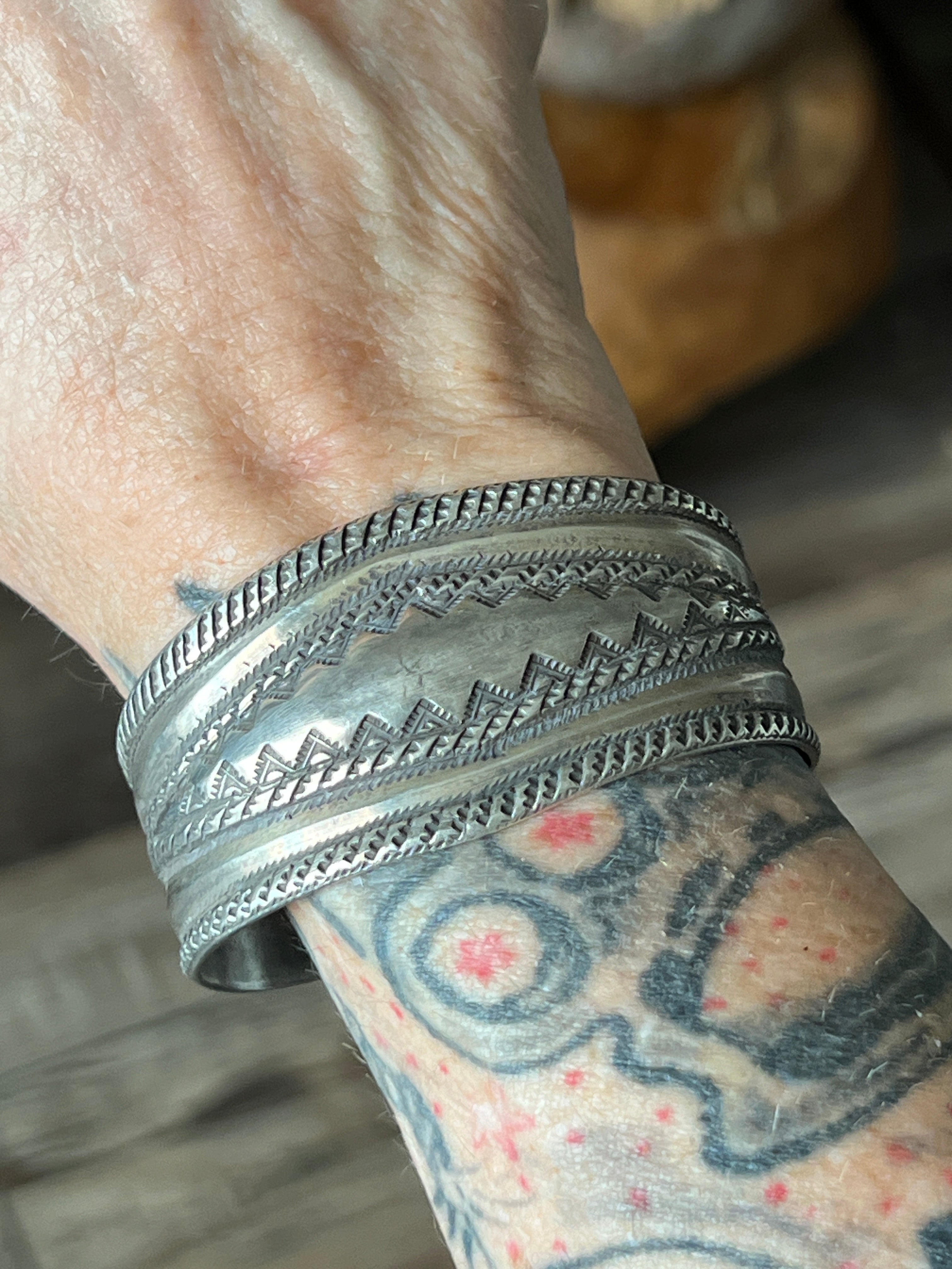 Hand Forged Old Pawn Sterling Silver Repousse Ingot Cuff Bracelet by Santa Fe Artist, Buffalo, The Monsoon