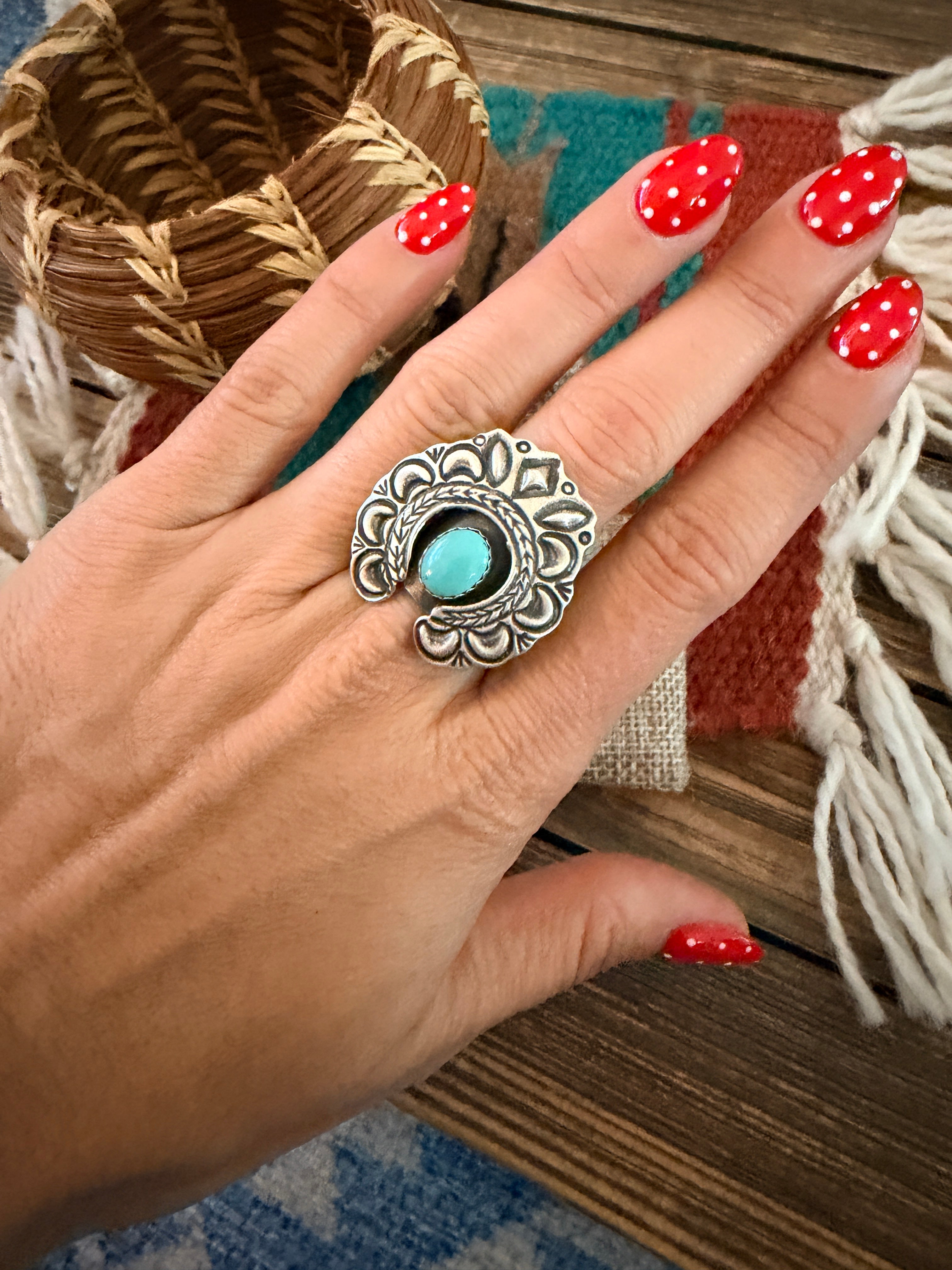 Handcrafted Turquoise & Sterling Silver Naja Ring Size 7 by Russell Sam