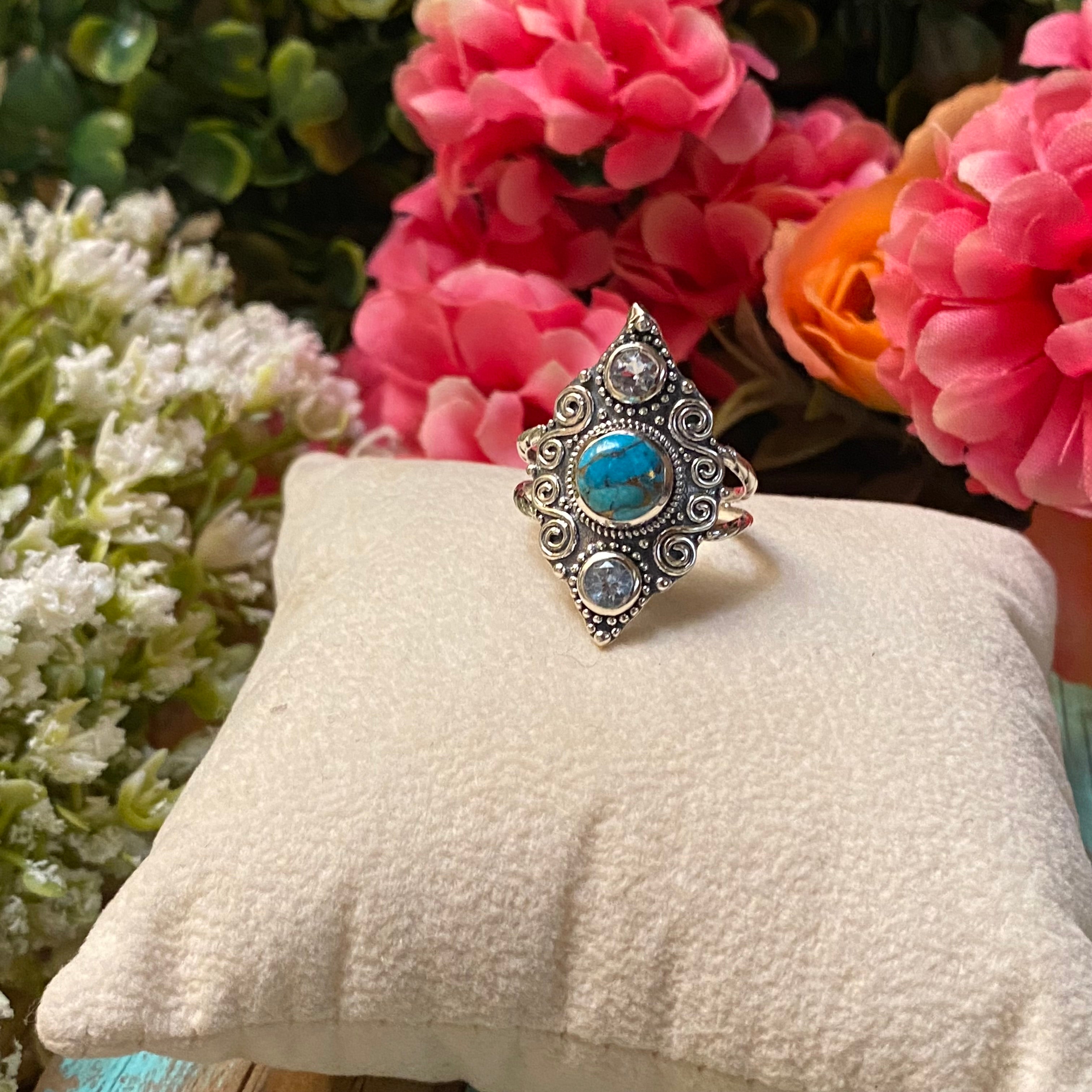 Sterling Silver Etched Copper Turquoise & Blue Topaz Ring Size 8.75