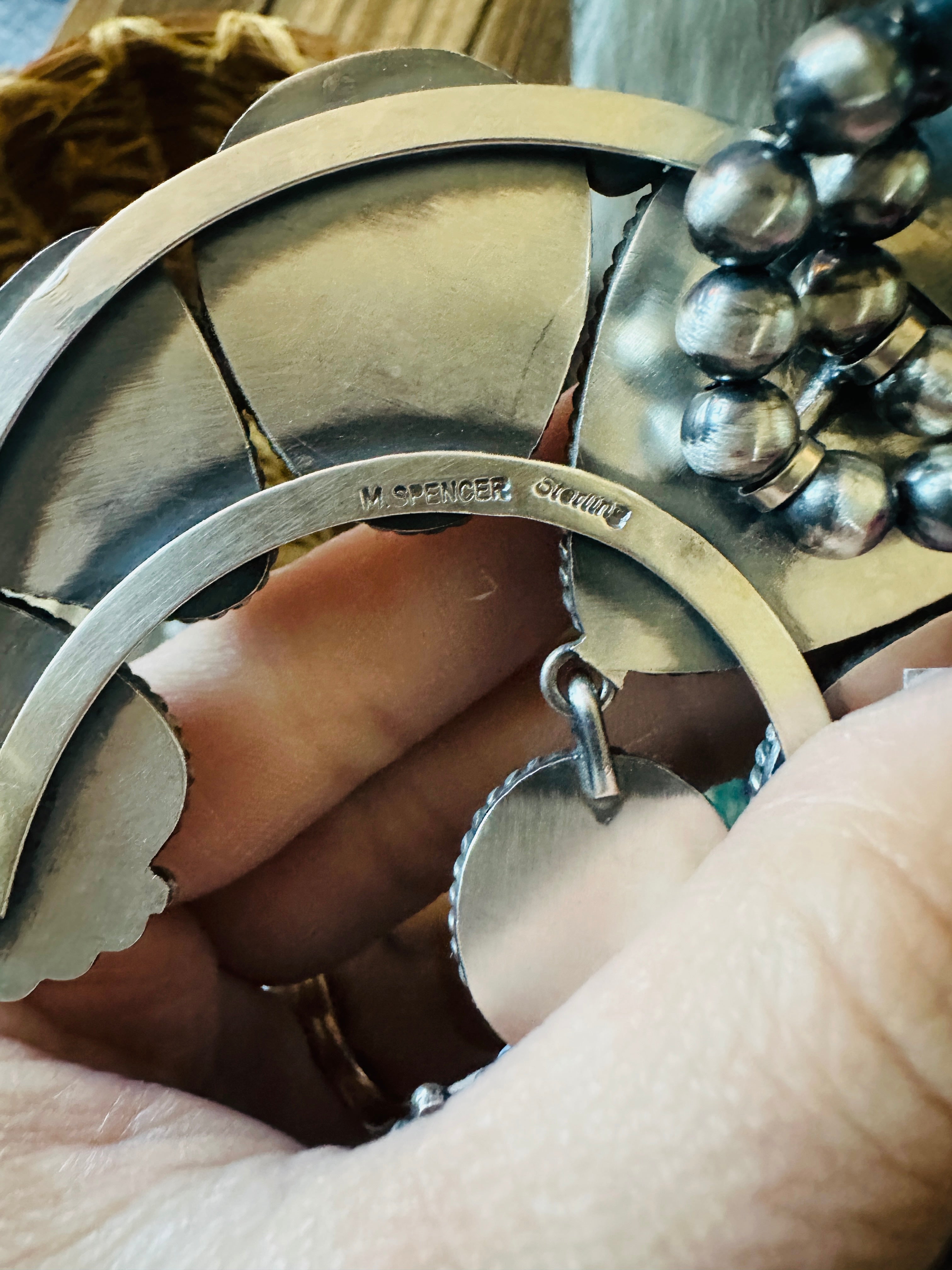 Handcrafted Golden Hills Turquoise & Sterling Silver Beaded Squash Blossom Necklace and Earring Set by Mary Ann Spencer