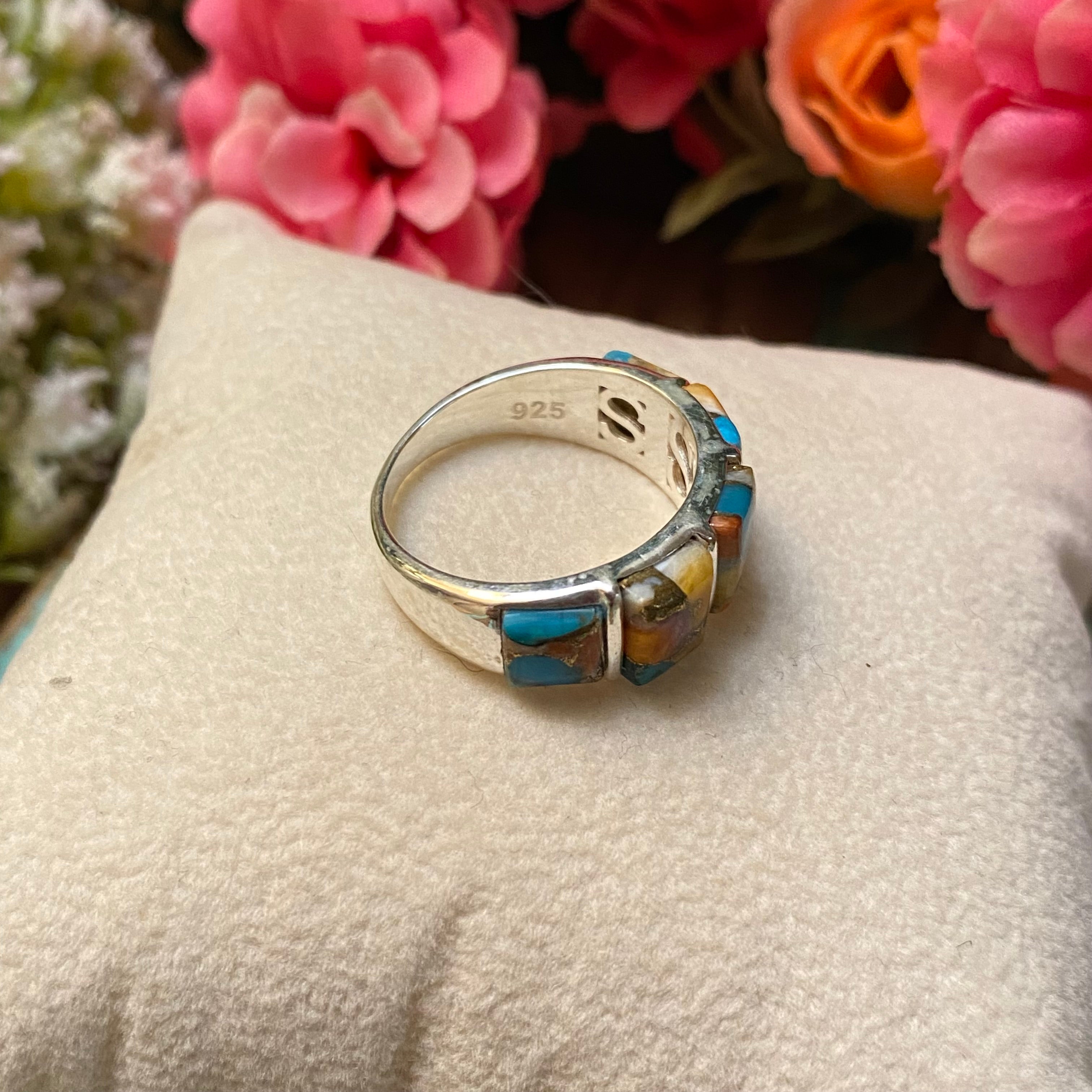 Sterling Silver Five Stone Orange Spiny Turquoise Ring Size 8.25