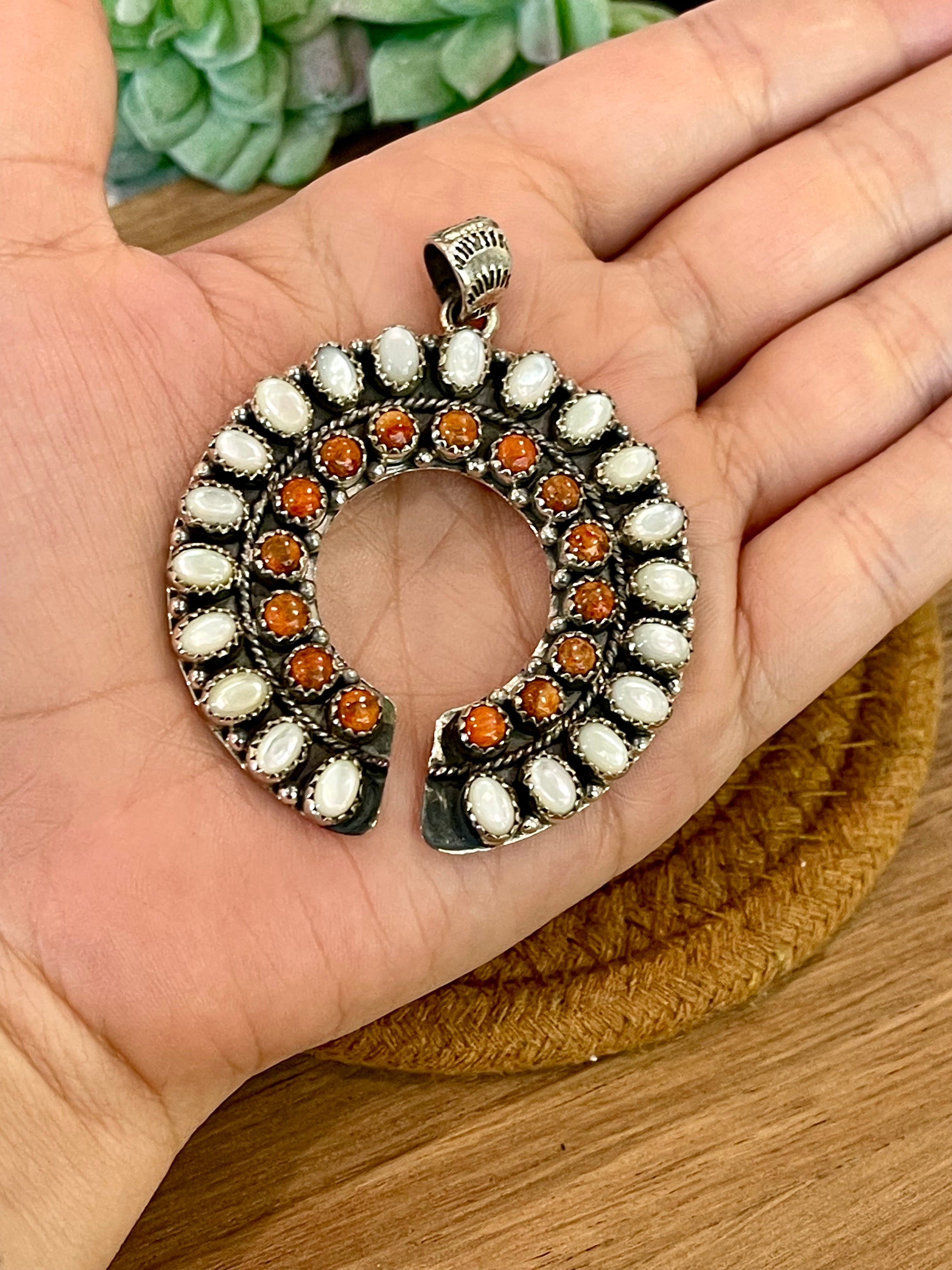Handmade Sterling Silver, Mother Of Pearl & Orange Mojave Cluster Pendant Signed Nizhoni
