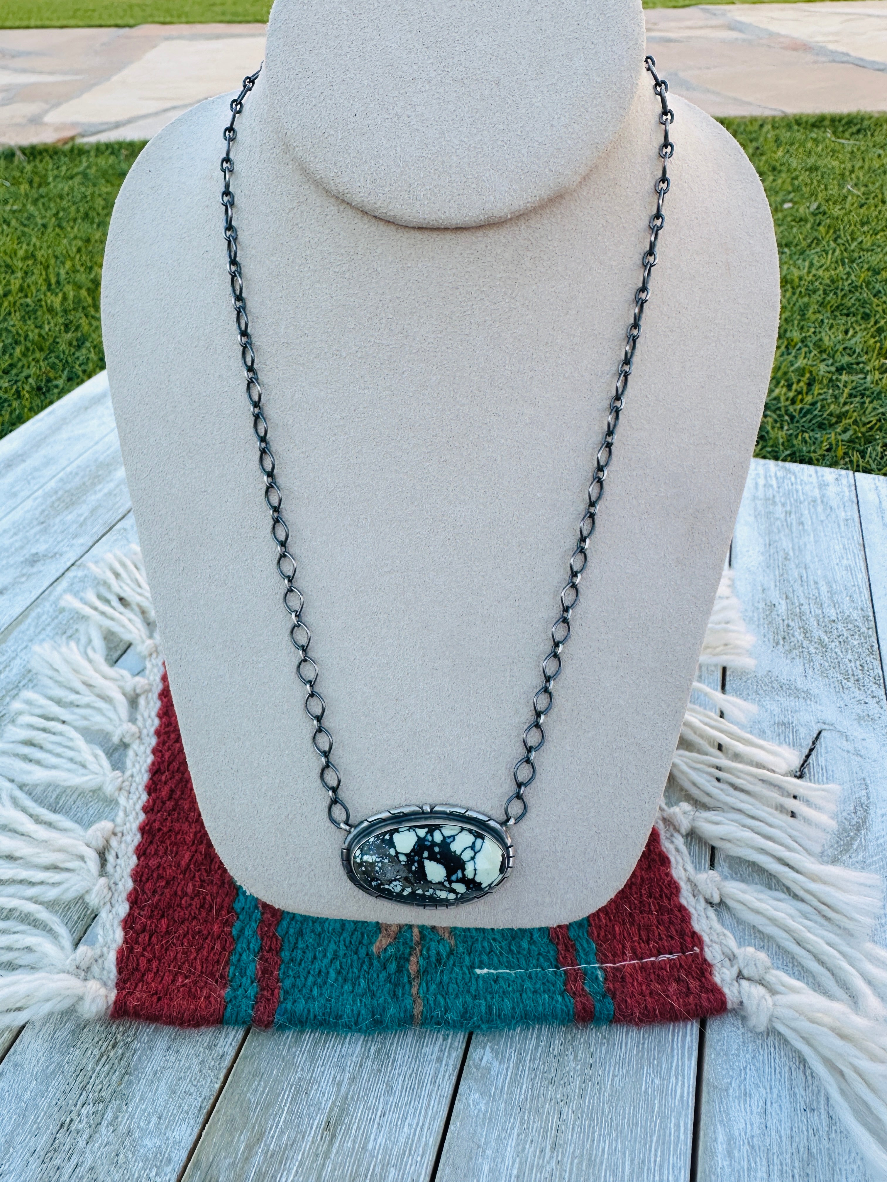 Handcrafted Sterling Silver 18” Link Chain & Tibetan Turquoise Necklace
