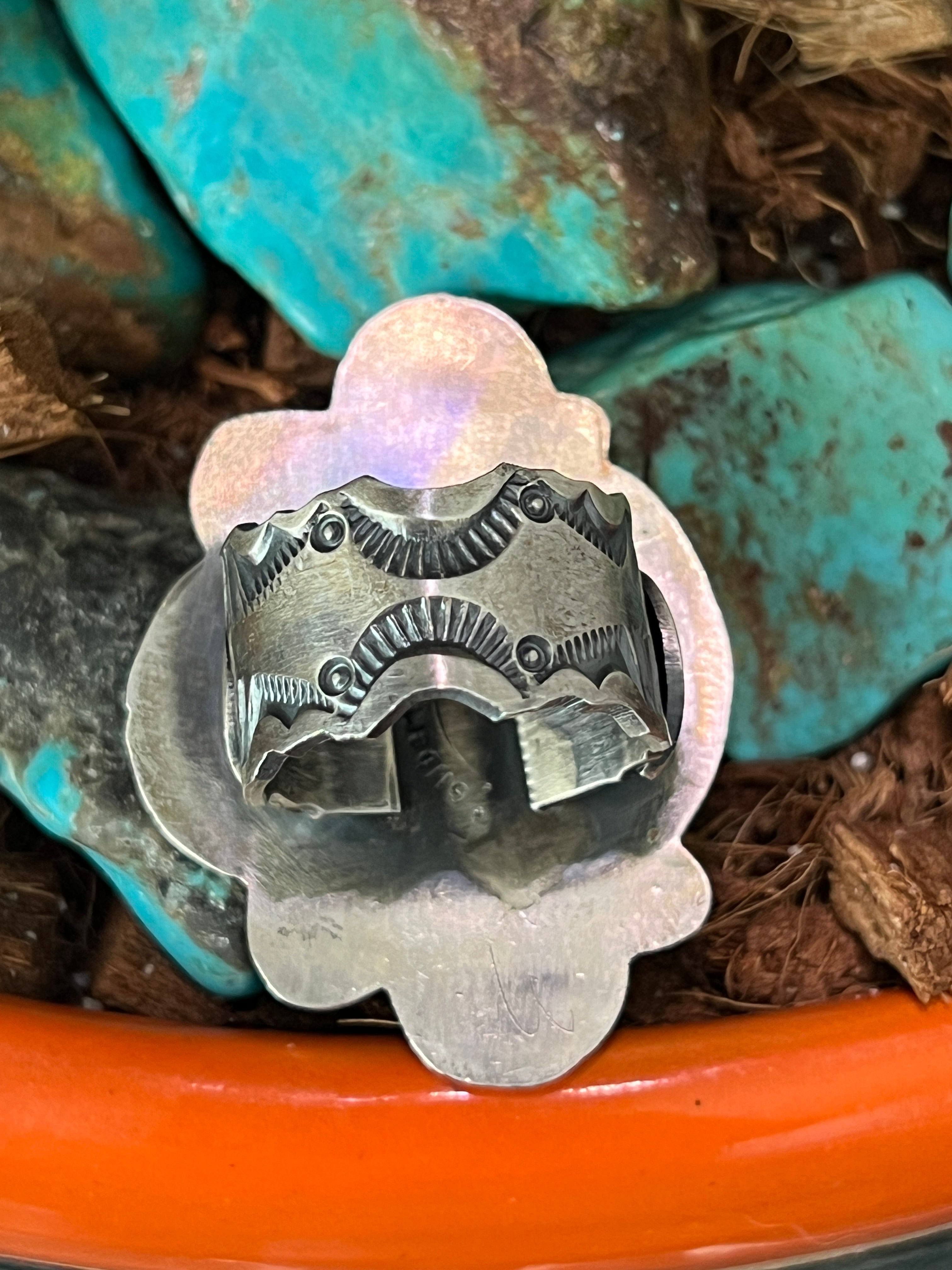 Handcrafted Sterling Silver and Number 8 Turquoise Ring by Artist, Gilbert Tom, Size 10.5