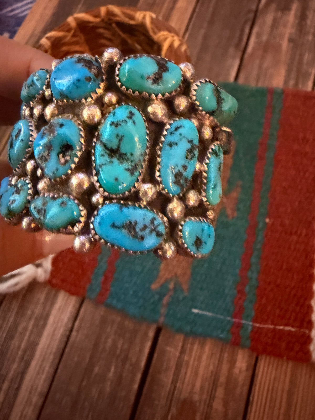 Handcrafted Old Pawn Sterling Silver & Kingman Turquoise Cluster Cuff Bracelet