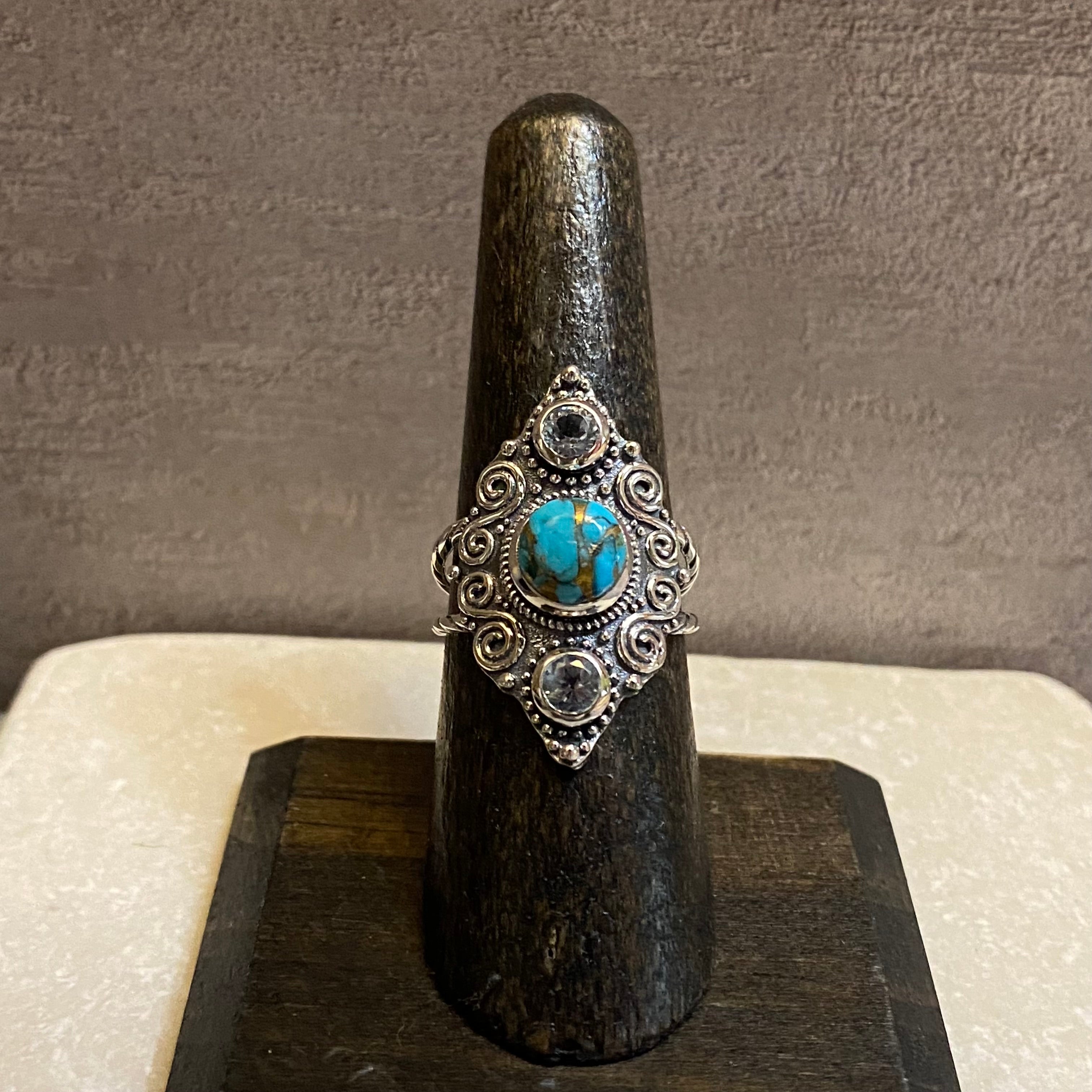 Sterling Silver Etched Copper Turquoise & Blue Topaz Ring Size 6.5